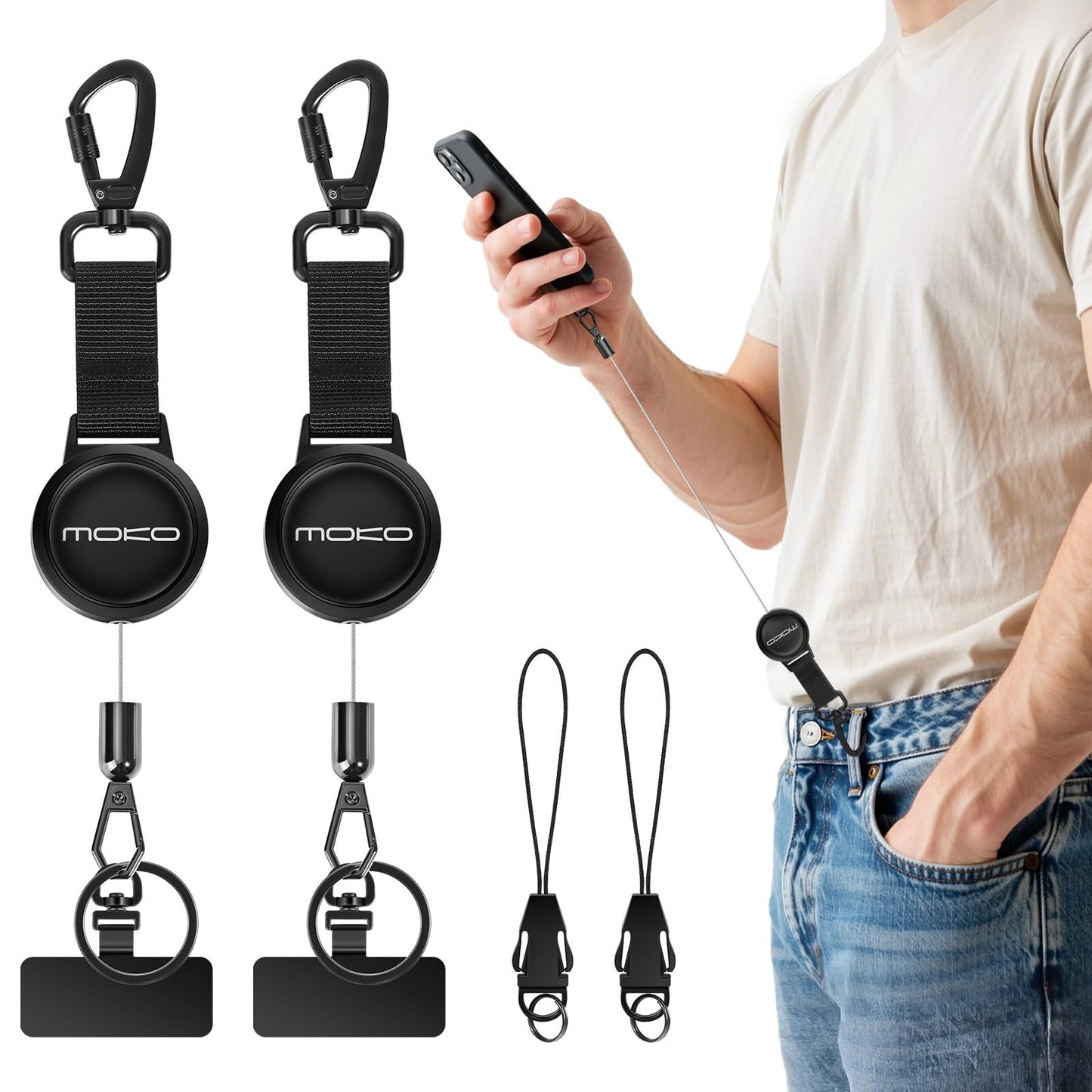 MoKo Anti-theft Phone Tether, Phone Lanyard Retractable Steel Line Cellphone Strap with Locking Carabiner and Metal 360° Tether Tab for Outdoor Skiing Hiking Climbing Fishing, Black 🍁 All In One Marketplace Canada