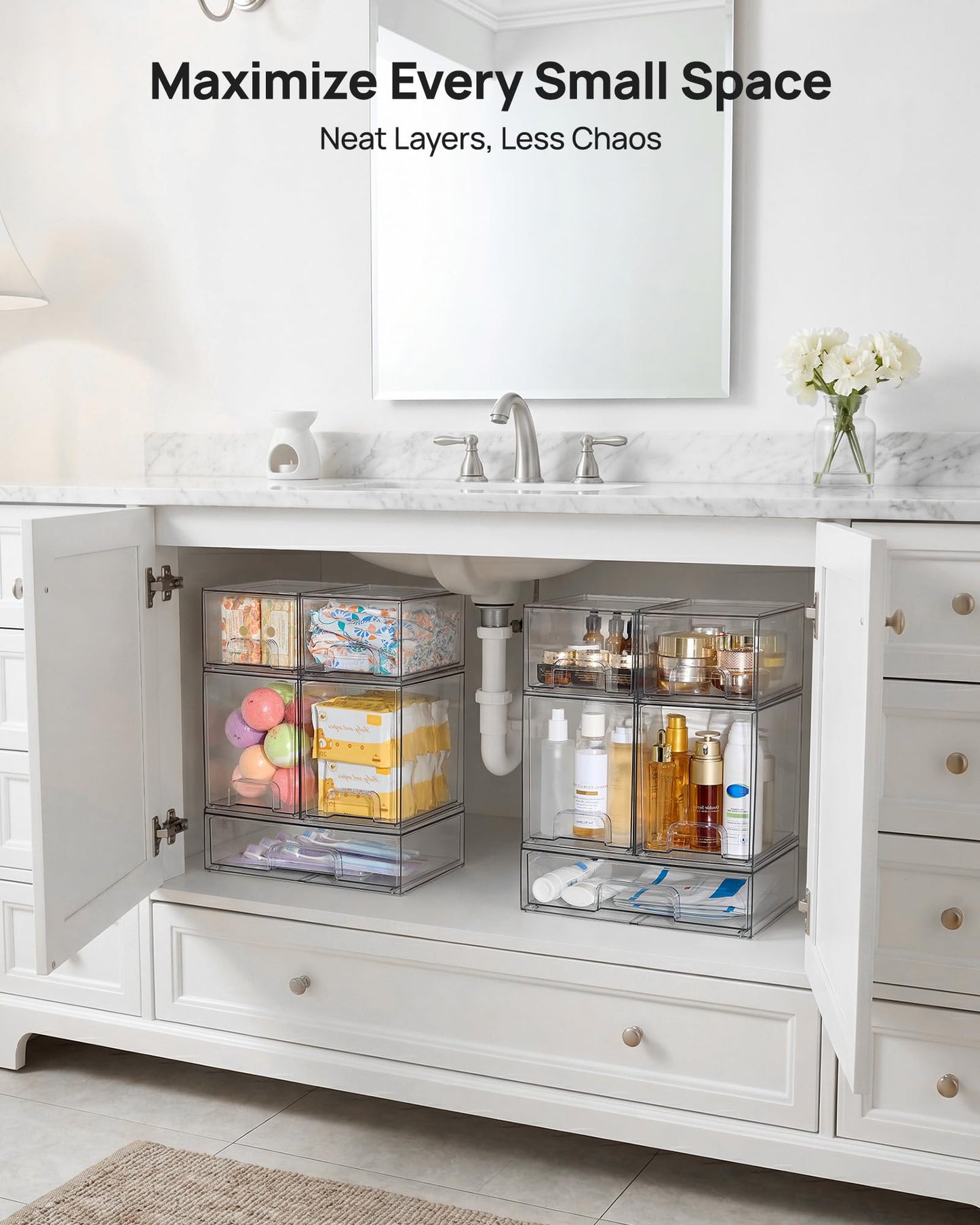 Vtopmart Stackable Storage Drawers Set of 5, 12" Wide and 4.4''&7.6'' High Clear Plastic Organizer Bins for Beauty Supplies,Ideal for Vanity, Bathroom,Cabinet,Pantry Organization 🍁 All In One Marketplace Canada