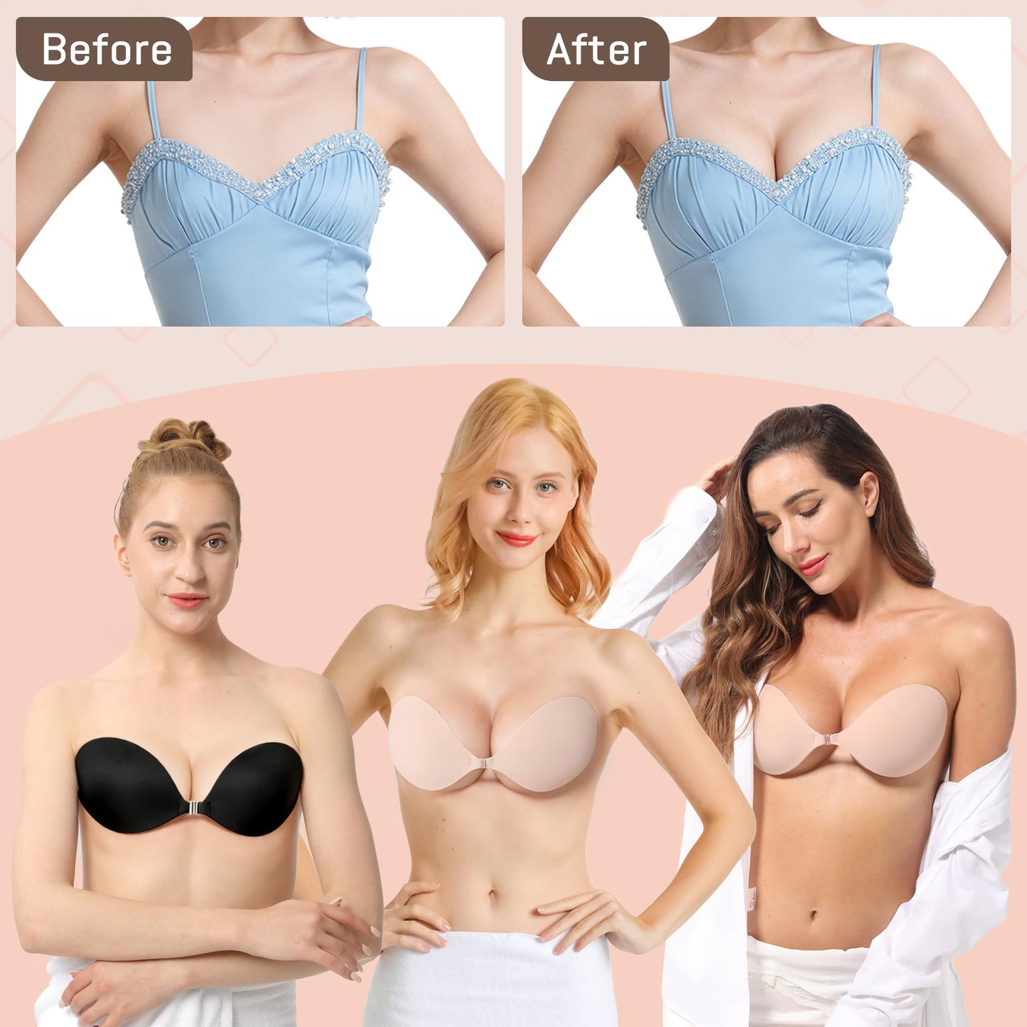GKHWON Adhesive Bra Strapless Backless Invisible Push Up Sticky Bra with Silicone Nipple Covers Reusable Beige+Black A 🍁 All In One Marketplace Canada