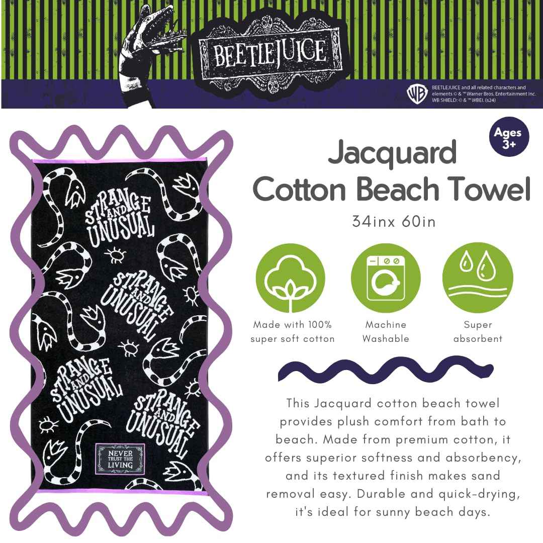 Franco Luxe Beetlejuice Halloween Goth Super Soft Plush Oversized Cotton Jacquard Bath/Pool/Beach Towel, 64 in x 34 in, (Officially Licensed Product)