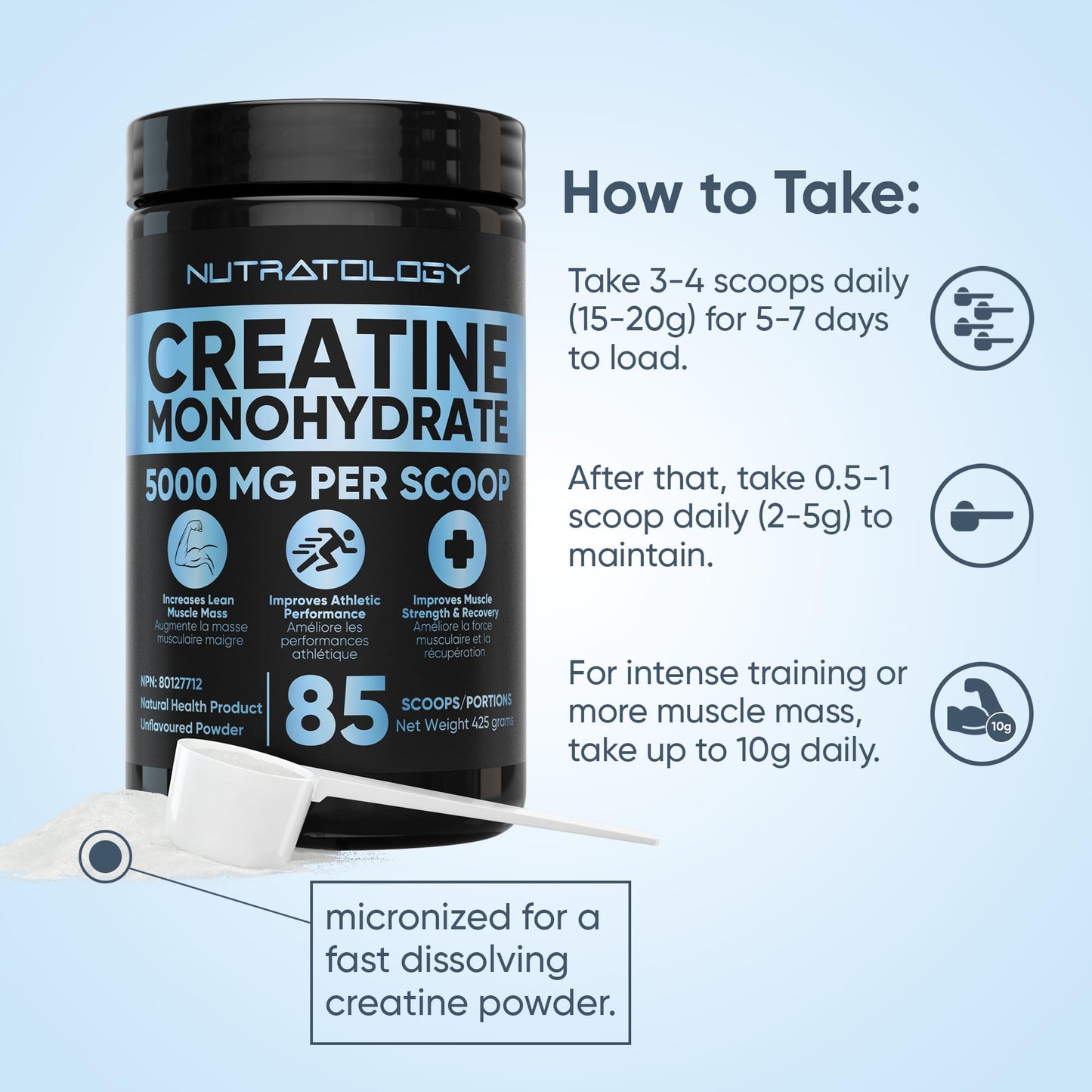Pure Micronized Creatine Dissolves Easily | Creatine Monohydrate Powder 425g - For Increased Muscle Growth & Performance - Supports Athletic Performance - Creatine Powder for Workouts - 85 Servings 🍁 All In One Marketplace Canada
