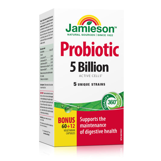 Jamieson Probiotic 5 Billion Active Cells, Bonus Size, Supports Digestive Health and Microbial Diversity. 5 Unique Strains, Including Lactobacillus and Bifidobacterium, Non-GMO, Gluten-Free, 72 Vegetarian capsules 🍁 All In One Marketplace Canada