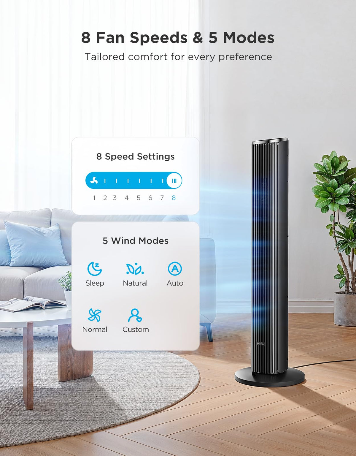 GoveeLife Black Tower Fan for Bedroom, 36" Smart Floor Fan with App/Voice Control, Temperature Sensor, 5 Modes 8 Speeds(25ft/s), 29dB Quiet Oscillating Fan for Office, 24H Timer, Auto Cooling 🍁 All In One Marketplace Canada