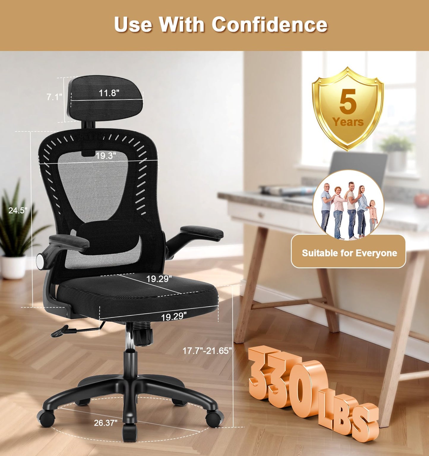 Office Chair, SPRDENG Ergonomic Office Chair with Two-Way Adjustable Lumbar Support & Headrest, High Back S-Shaped Computer Chair with Flip-up Padded Armrests, Swivel Task Chair for Home Office 🍁 All In One Marketplace Canada