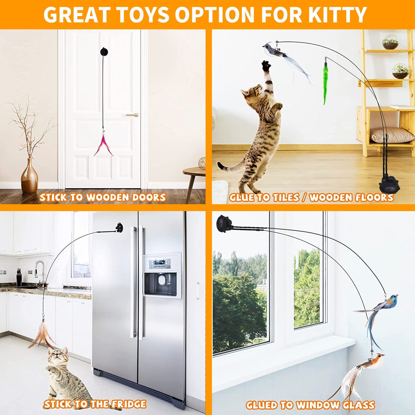 Cat Feather Toys, Cat Toys Wand, Interactive Cat Toy with Super Suction Cup, 2 PCS Cat Wand Toy and 6 PCS Feather Replacements with Bell, Interactive Cat Toy Kitten Toys for Indoor Play Chase Exercise (Natural) 🍁 All In One Marketplace Canada