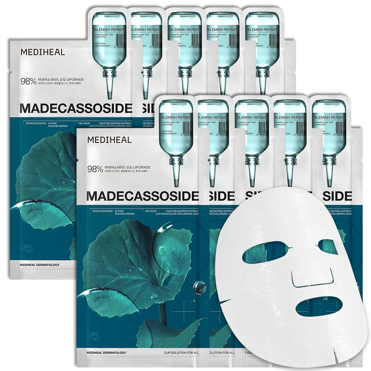 MEDIHEAL Madecassoside Essential Face Mask - Korean Skincare, Blemish Repair with Hyaluronic Acid, Moisture Barrier & Skin Texture Care for Women, Vegan Formula (10 Sheets) 🍁 All In One Marketplace Canada