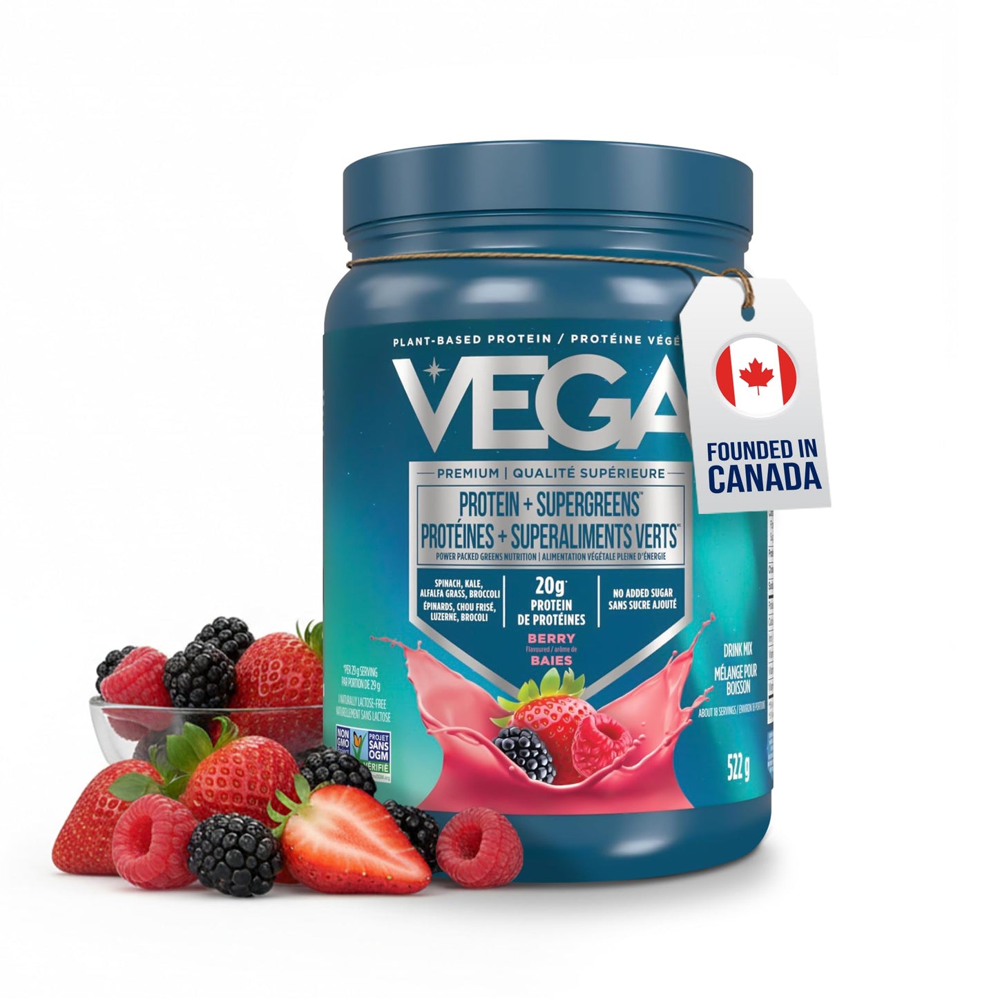 Vega Protein + Supergreens Vegan Plant Based Protein Powder – 20g Organic Pea Protein, Dairy-free, Healthy Breakfast Shake – Berry 18 Servings, 522 grams (Pack of 1) 🍁 All In One Marketplace Canada