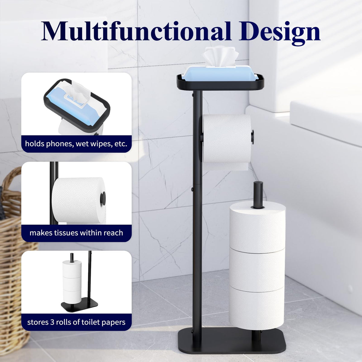 Kitsure Toilet Paper Roll Holder Free Standing – Rustproof Metal Toilet Paper Stand for 4 Rolls with Anti-Slip Base and Shelf for Phone & Small Items, Black, 63.0 x 23.5 x 15.0 cm 🍁 All In One Marketplace Canada