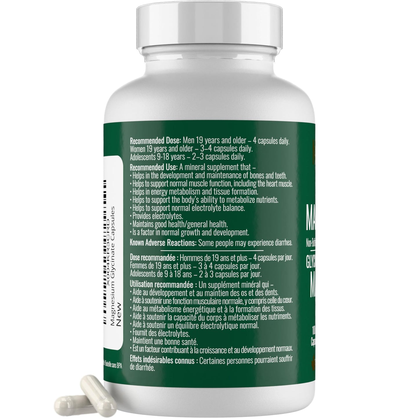 Magnesium Glycinate 100 mg Capsules (Elemental) from Non-Buffered Fully Chelated 100% Magnesium Bisglycinate - 124 High-Absorption Capsules with No Additives - Made in Canada - Nutritionn 🍁 All In One Marketplace Canada