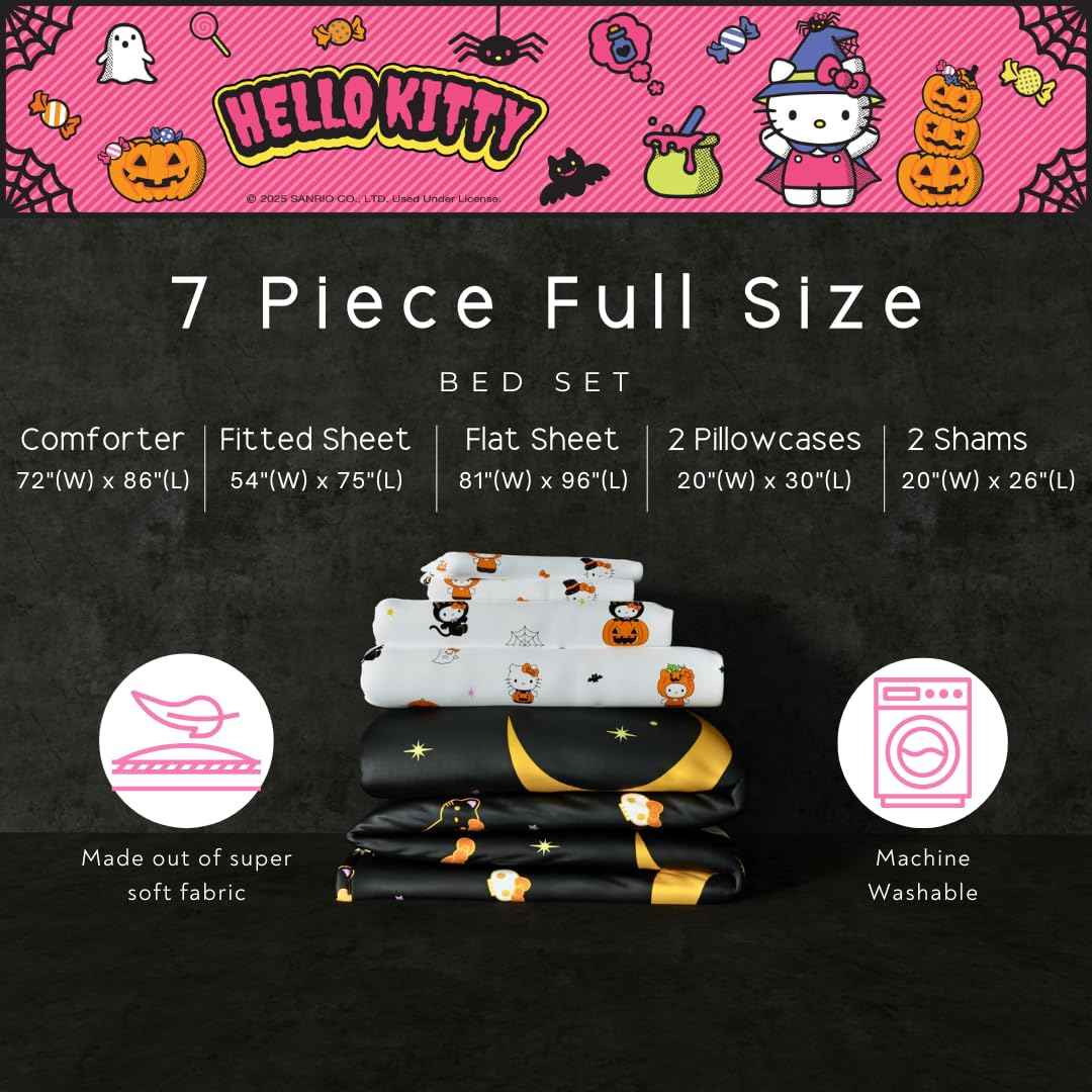 Sanrio Hello Kitty Halloween Pumpkin Full Bed Set – Super Soft & Cozy 5 Piece Reversible Comforter and Sheet Set (Officially Licensed Product) by Franco