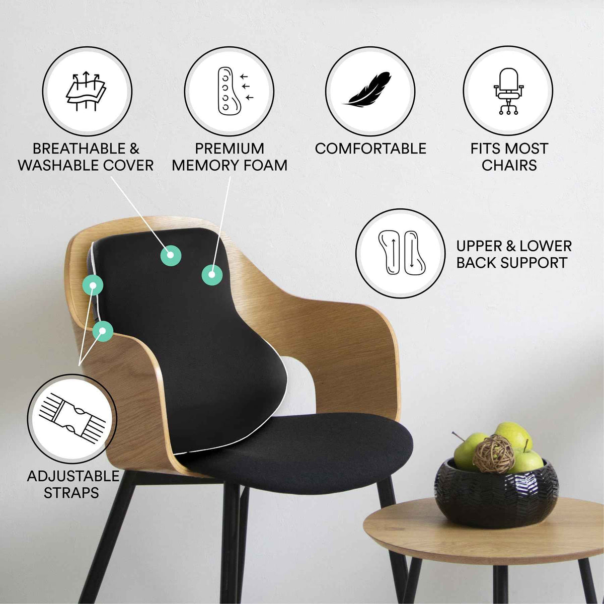 ObusForme Memory-Foam Lumbar Pillow Back Cushion – Dual-Strap Support for Office Chair, Car Seat & Gaming Chair, Breathable Washable Cover, Reversible Upper/Lower-Back Design, Black
