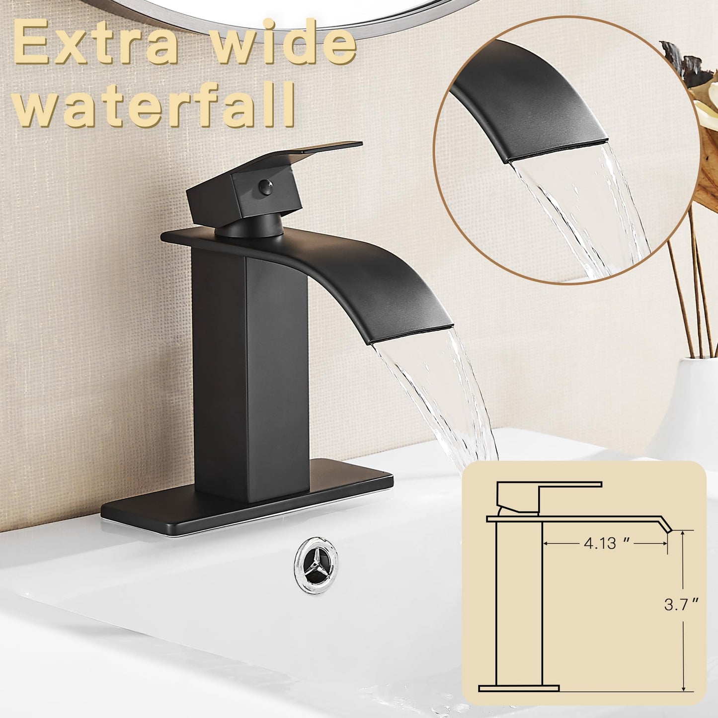 Fransiton Black Bathroom Faucet Bathroom taps 1 or 3 Hole Bathroom Sink Faucet Single Handle washroom Waterfall Faucet with Deck and Pop-up Drain 🍁 All In One Marketplace Canada