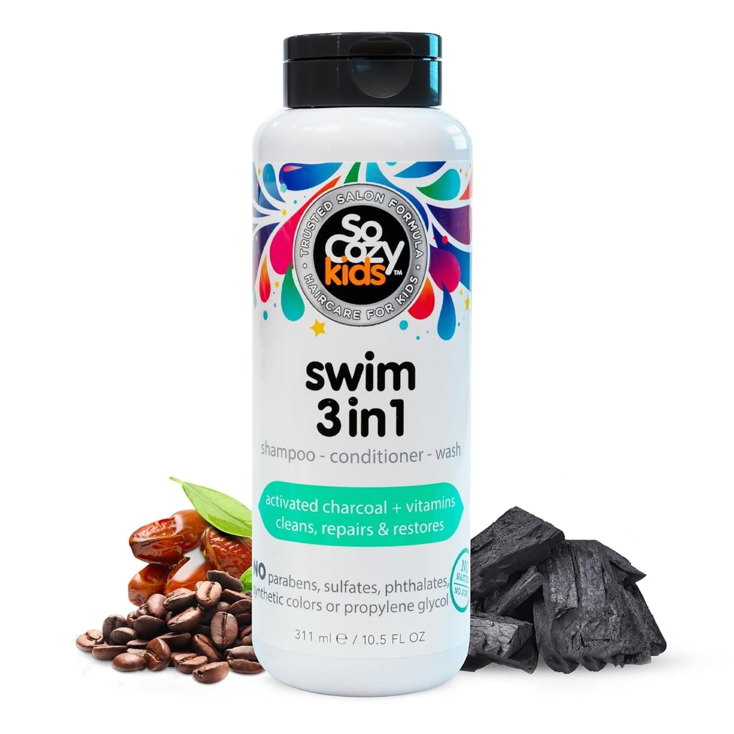 SoCozy Kids Swim 3-in-1 Shampoo, Conditioner & Body Wash - 3-in-1 Combo Pool Shampoo & Conditioner for Swimmers - Salt & Chlorine Removing Activated Charcoal for Toddler & Kids Hair After Swimming 🍁 All In One Marketplace Canada