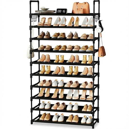 10 Tier Shoe Rack, Large Capacity Tall Shoe Storage Organizer Holds 50-55 Pairs Shoes and Boots, Vertical Shoe Shelf Cabinet with Versatile Hooks for Closet Entryway Garage Bedroom 🍁 All In One Marketplace Canada
