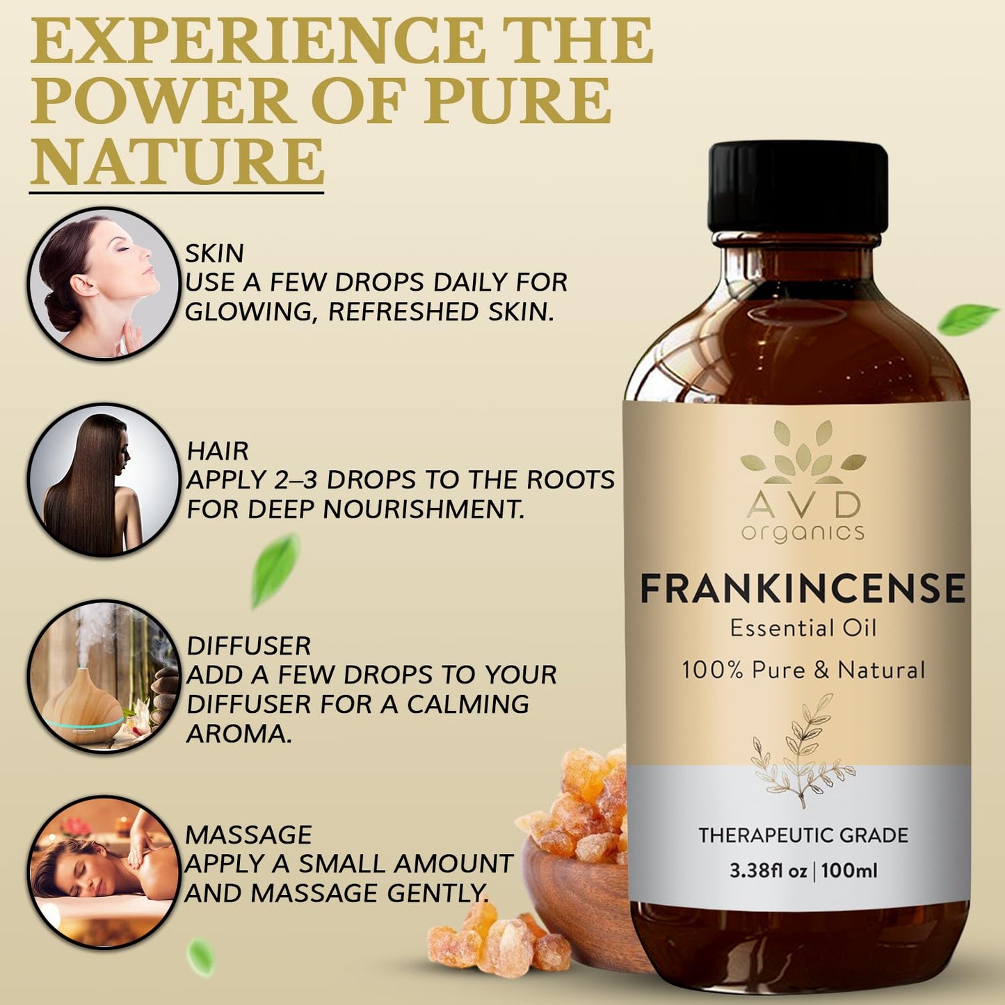 AVD Organics Frankincense Essential Oil 100ml | 100% Pure & Natural Frankincense Oil for Face, Hair | Woody & Earthy Aroma for Diffusers, Soaps & Candles | 3.38 fl. oz 🍁 All In One Marketplace Canada
