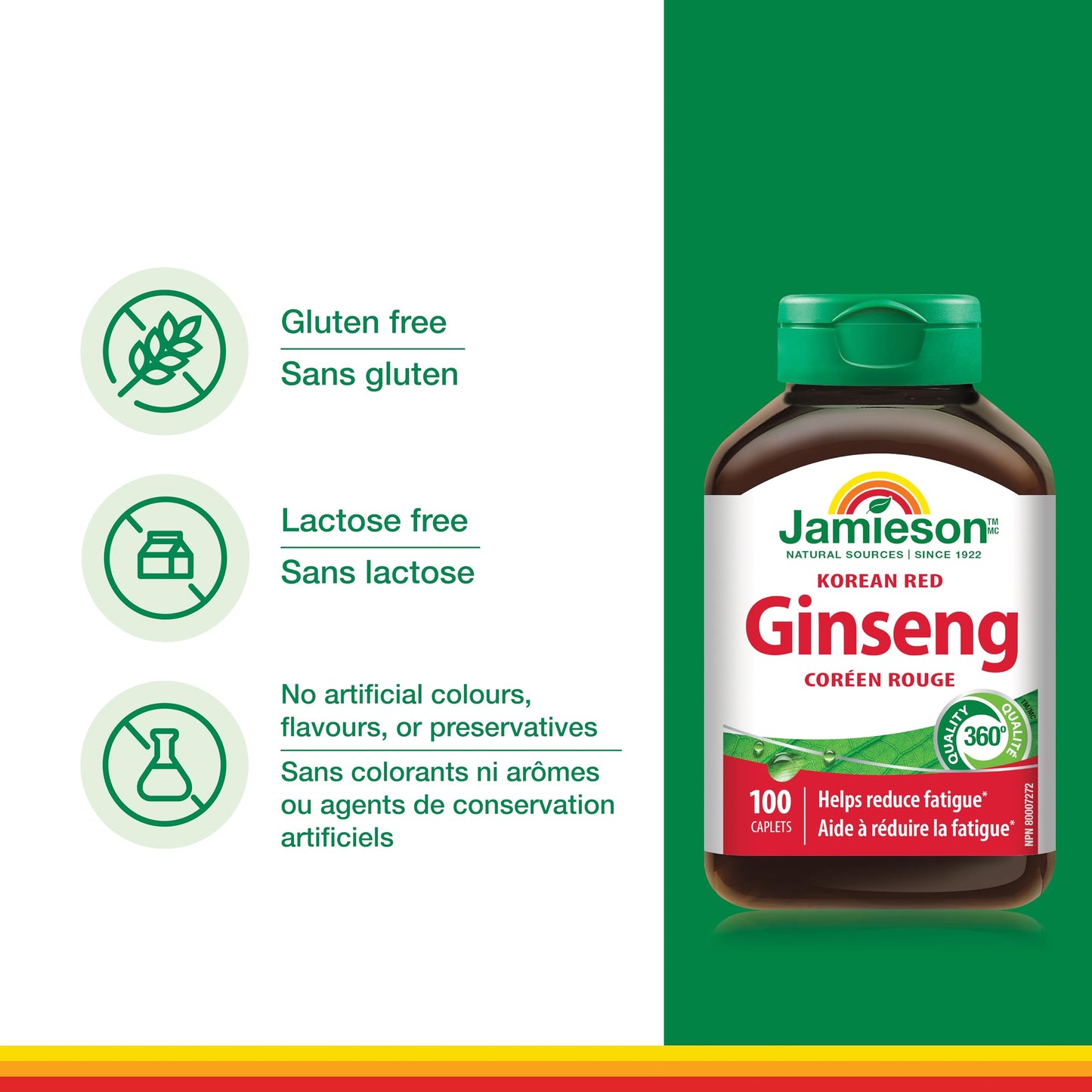 Jamieson Korean Red Ginseng, Panax Ginseng, 100 Caplets, Stress Support, Reduces Fatigue, Boosts Cognitive Health, Helps Enhance Physical Performance. Non-GMO, Proudly Canadian 🍁 All In One Marketplace Canada