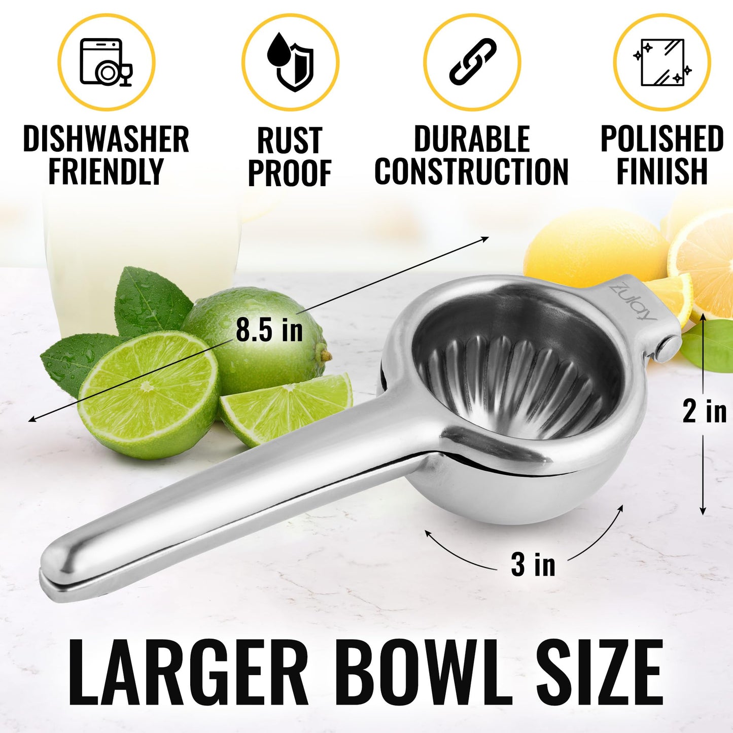 Zulay Large Lemon Squeezer Stainless Steel - Easy Squeeze Manual Heavy Duty Lemon Juicer Hand Press - Ergonomic Citrus Squeezer & Fruit Juicer for Small Oranges, Lemons, & Limes - Stainless Steel 🍁 All In One Marketplace Canada