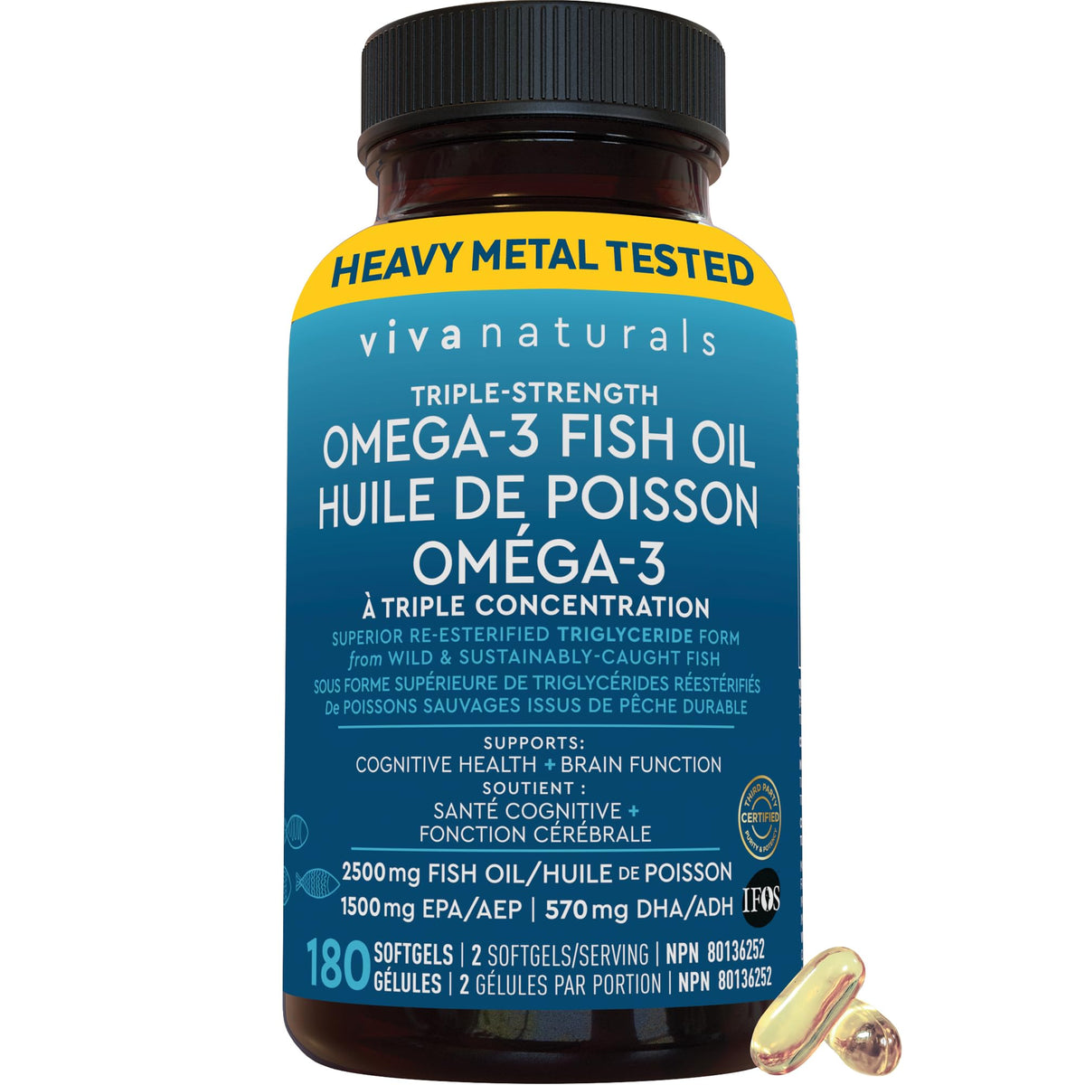 Omega 3 Fish Oil Supplements – 2500 mg High Potency Fish Oil with 1500 mg EPA & 570 mg DHA Omega 3 Fatty Acids in rTG Form for Better Absorption, No Fishy Aftertaste, IFOS Certified, 180 Softgels 🍁 All In One Marketplace Canada