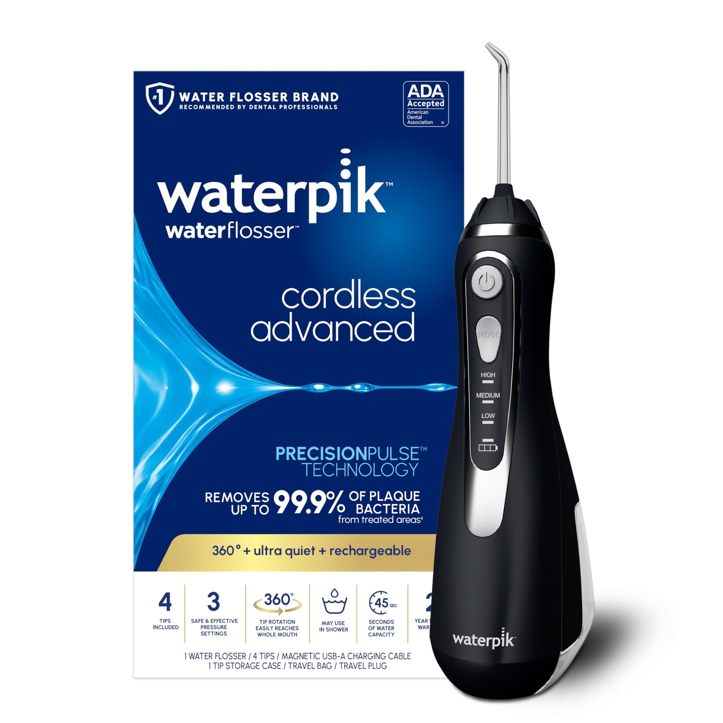 Waterpik Cordless Advanced 2.0 Water Flosser for Teeth, Gums, Braces, Dental Care with Travel Bag & 4 Tips, CDA Validated, Waterproof Rechargeable Handheld, Black (1 Count) Packaging May Vary 🍁 All In One Marketplace Canada