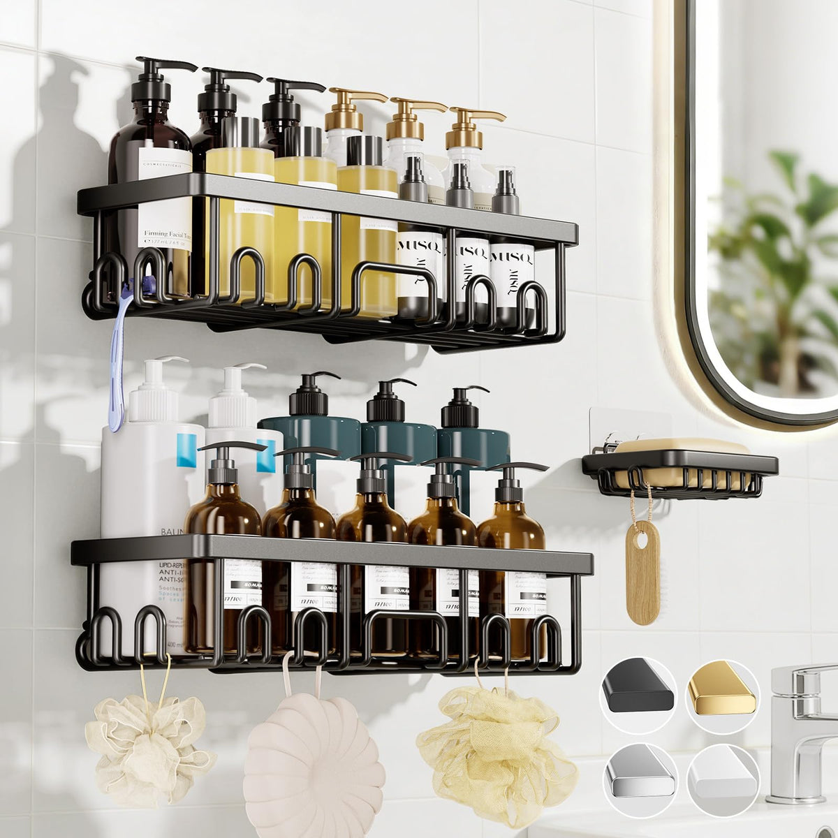 Veken Large Capacity Shower Caddy 3-Pack, No Drilling Adhesive Rack with Soap Holder, Rustproof & Waterproof Shelves, Bathroom Organizers and Storage, Wall-Mounted Kitchen & Home Decor, Black 🍁 All In One Marketplace Canada