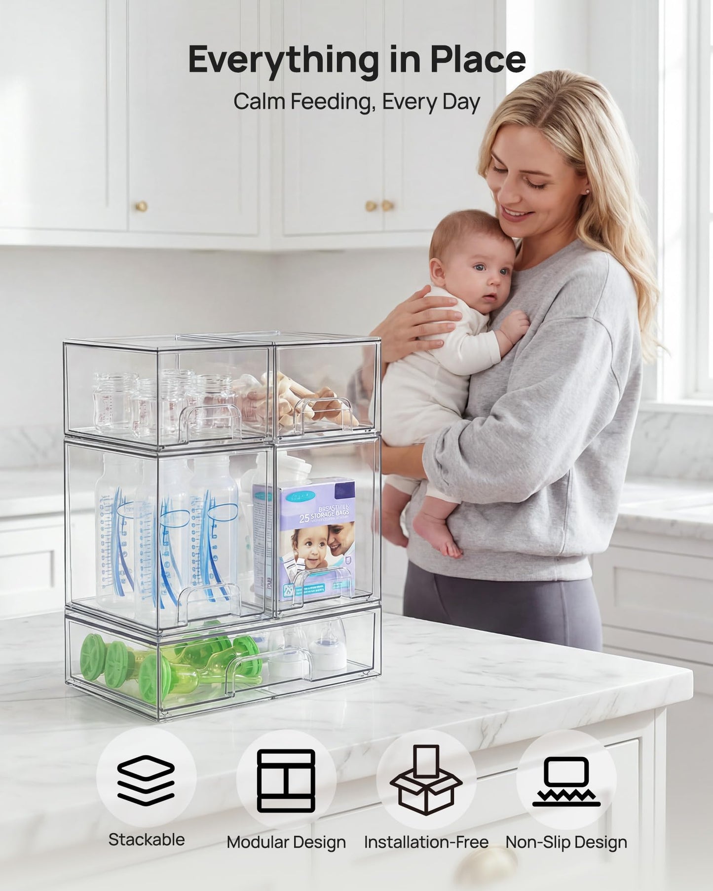 Vtopmart Stackable Storage Drawers Set of 5, 12" Wide and 4.4''&7.6'' High Clear Plastic Organizer Bins for Beauty Supplies,Ideal for Vanity, Bathroom,Cabinet,Pantry Organization 🍁 All In One Marketplace Canada