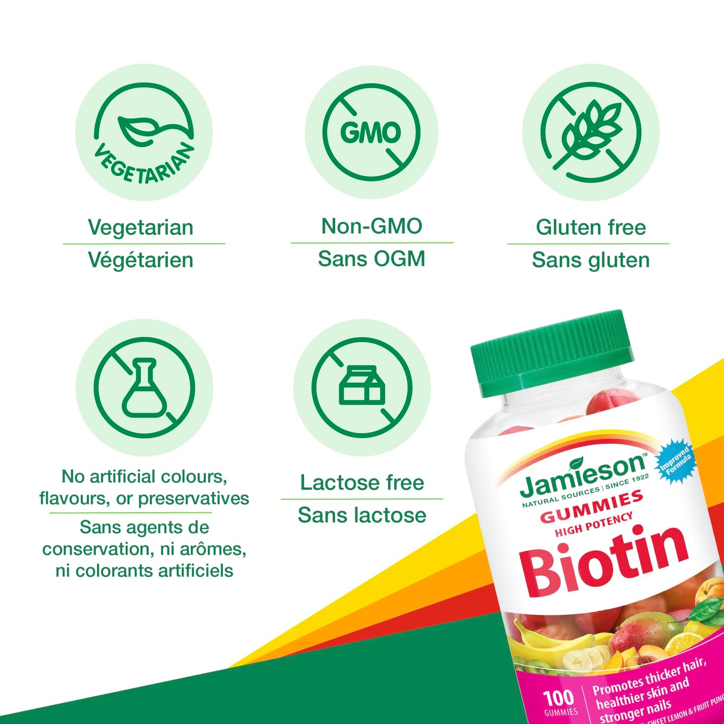 Jamieson High Potency Biotin Gummies with Vitamin C and Vitamin E, 100 Gummies, Mixed Flavours. Supports Thicker Hair, Healthier Skin, Stronger Nails. Gelatin-Free 🍁 All In One Marketplace Canada