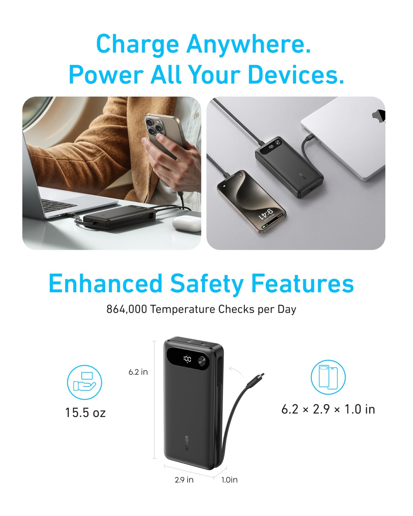 ANKER Power Bank, 20,000mAh Travel Essential Portable Charger with Built-in USB-C Cable, 3-Port 87W Max Fast Charging Battery Pack, for iPhone 17/16/15 Series, Samsung, Switch, and More (Black) 🍁 All In One Marketplace Canada