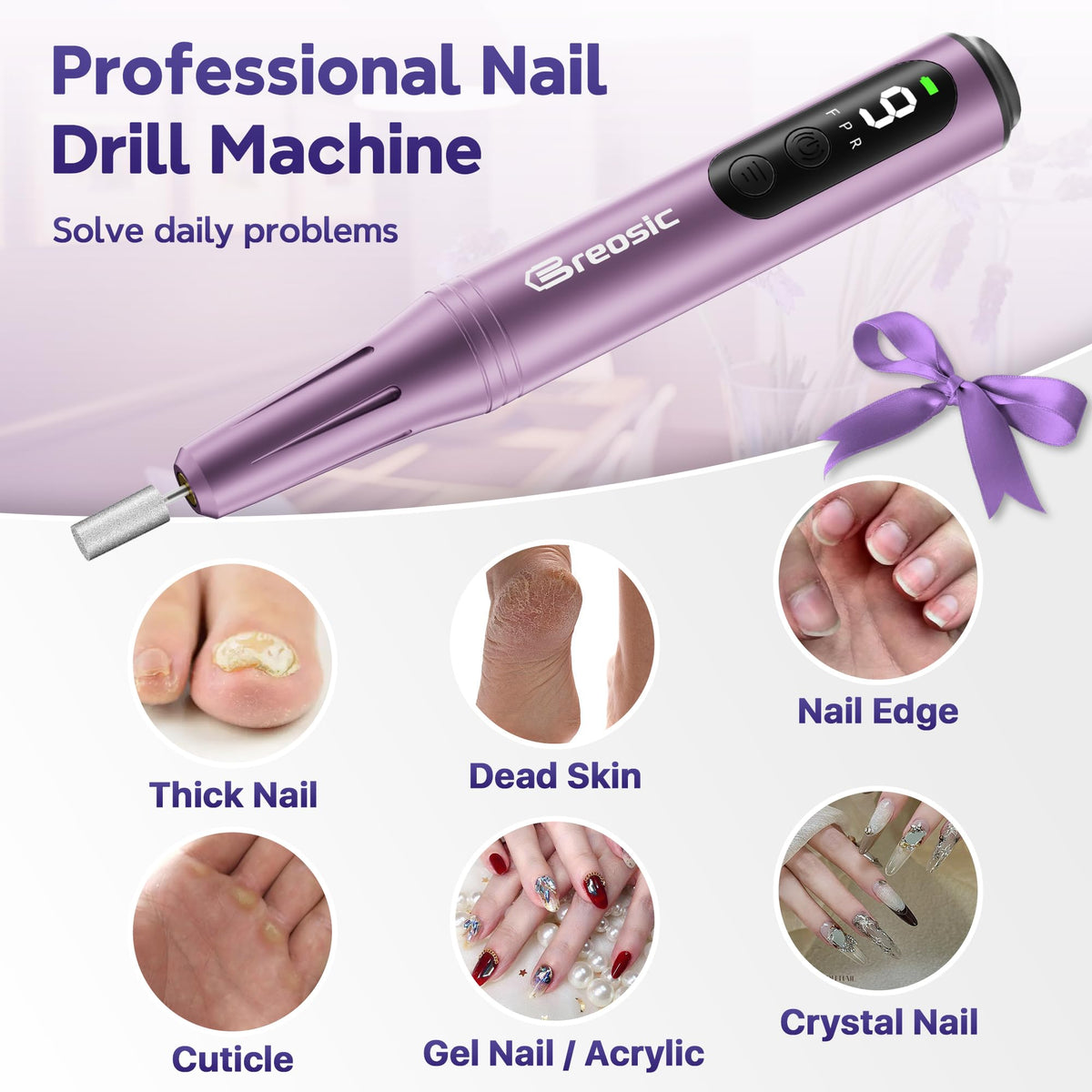 Breosic Electric Nail Drill 35000RPM,12-in-1 Nail File Portable USB-Rechargeable Cordless Nail Drill Professional with 9-Speed & LED Display Manicure Pedicure Nail Kits for Acrylic & Gel Nails(Purple) 🍁 All In One Marketplace Canada