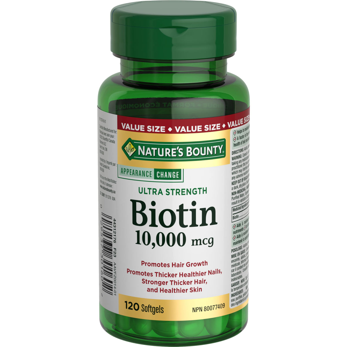 NATURE'S BOUNTY Biotin, Ultra Strength, 10,000 mcg, Promotes Hair Growth, Thicker Healthier Nails, Stronger Thicker Hair & Healthier Skin, Helps Metabolize Nutrients, Softgels, 55.4 g 🍁 All In One Marketplace Canada
