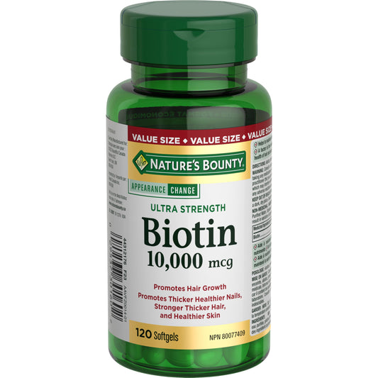 NATURE'S BOUNTY Biotin, Ultra Strength, 10,000 mcg, Promotes Hair Growth, Thicker Healthier Nails, Stronger Thicker Hair & Healthier Skin, Helps Metabolize Nutrients, Softgels, 55.4 g 🍁 All In One Marketplace Canada