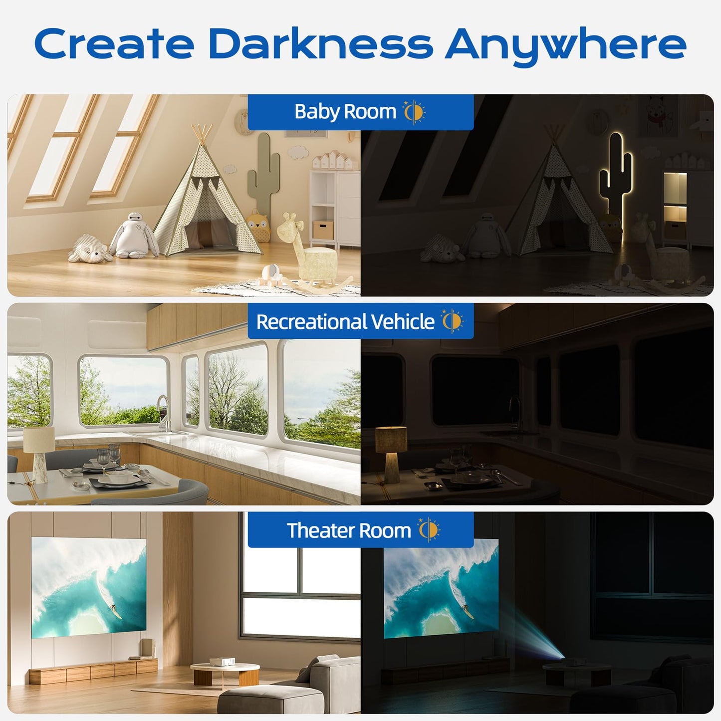 Blackout Curtains for Bedroom, 100" x 58" Portable Blackout Blinds with 20 Sets Hooks & Loops Strips for 100% Blackout Window Film, Temporary Blackout Shades for Windows Cover Nursery Travel RV- Black 🍁 All In One Marketplace Canada