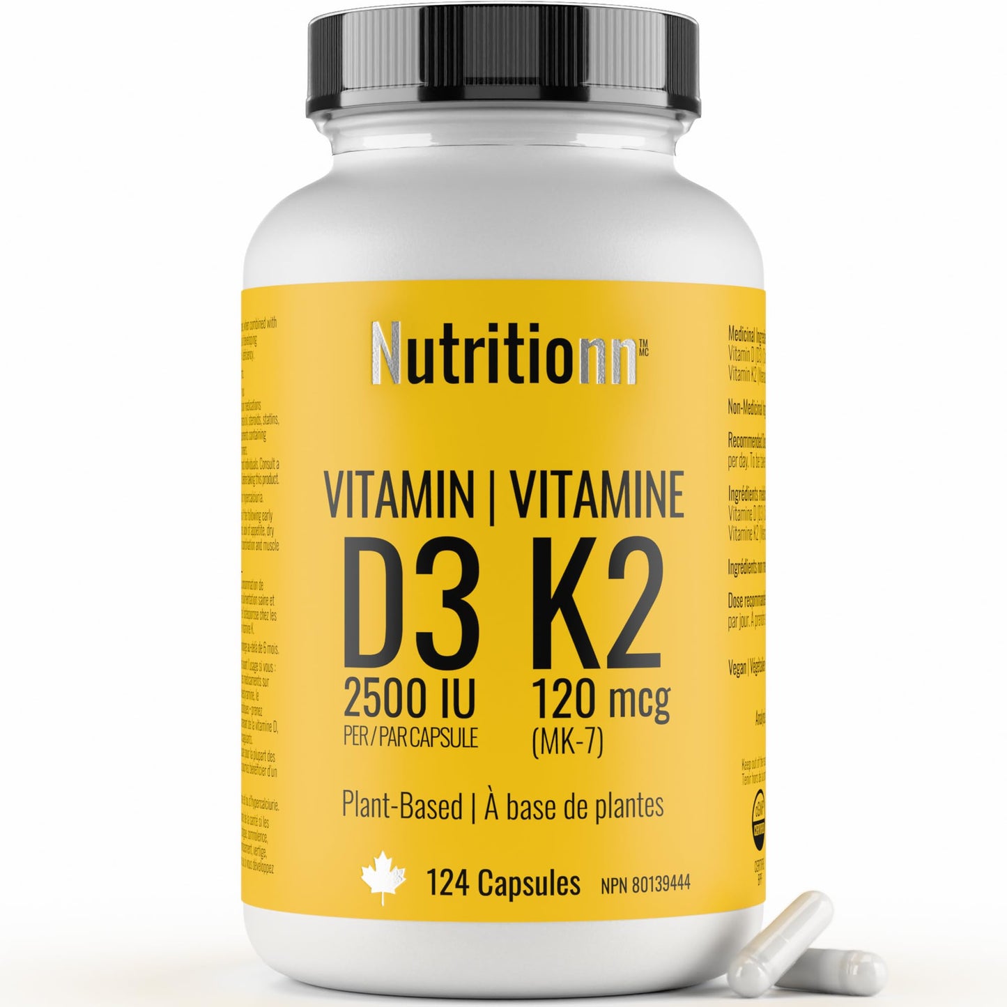 Vitamin D3 K2 Supplement - 2500 IU D3, 120 mcg K2 MK7 x 124 Capsules - Plant-Based, Vegan - Prevents Deficiency, Supports Bone Health in Women and Men - Made in Canada, Third-Party Tested - Nutritionn 🍁 All In One Marketplace Canada