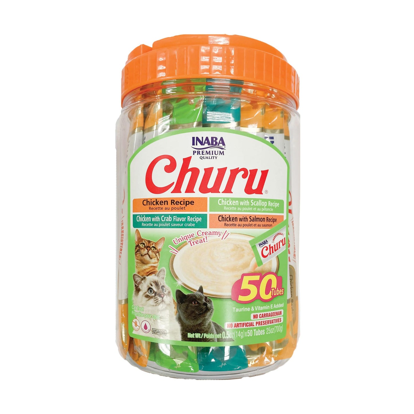 INABA Churu Cat Treats, Lickable, Squeezable Creamy Purée Cat Treat with Green Tea Extract & Taurine, 14 Grams Each Tube, 50 Tubes, Chicken & Seafood Variety 🍁 All In One Marketplace Canada