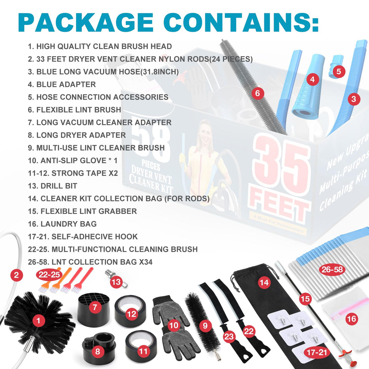 Sealegend 58-Piece Dryer Vent Cleaning Kit Omnidirectional Cleaner Include 35 Feet Dryer Vent Brush Blue Dryer Vacuum Attachment Lint Brush Vacuum&Dryer Adapter 🍁 All In One Marketplace Canada