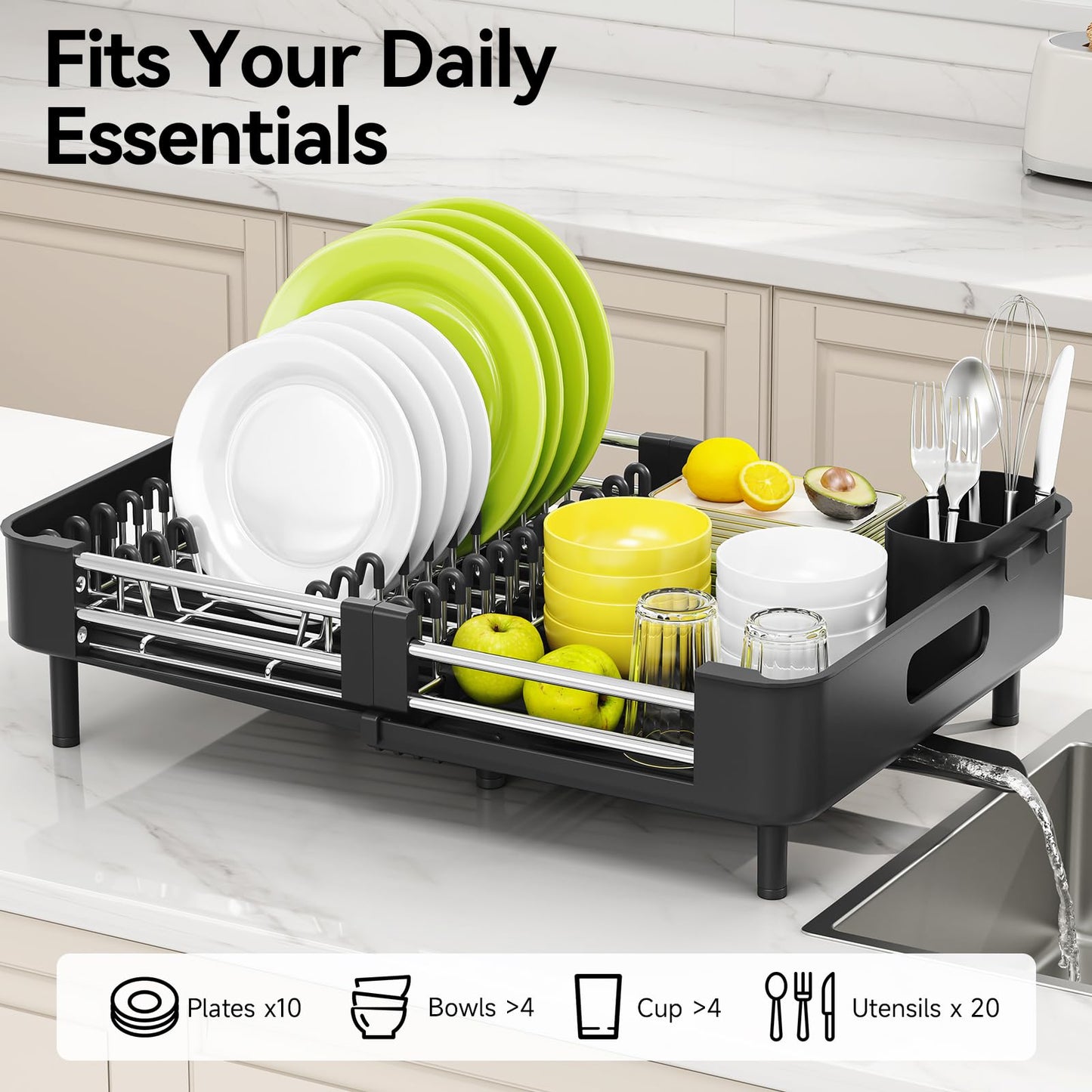 Urackify Extendable Dish Drying Rack, Dual Part Dish Drainers with Non-Scratch and Movable Cutlery Drainer and Drainage Spout, Adjustable Dish Rack for Kitchen,Black 🍁 All In One Marketplace Canada