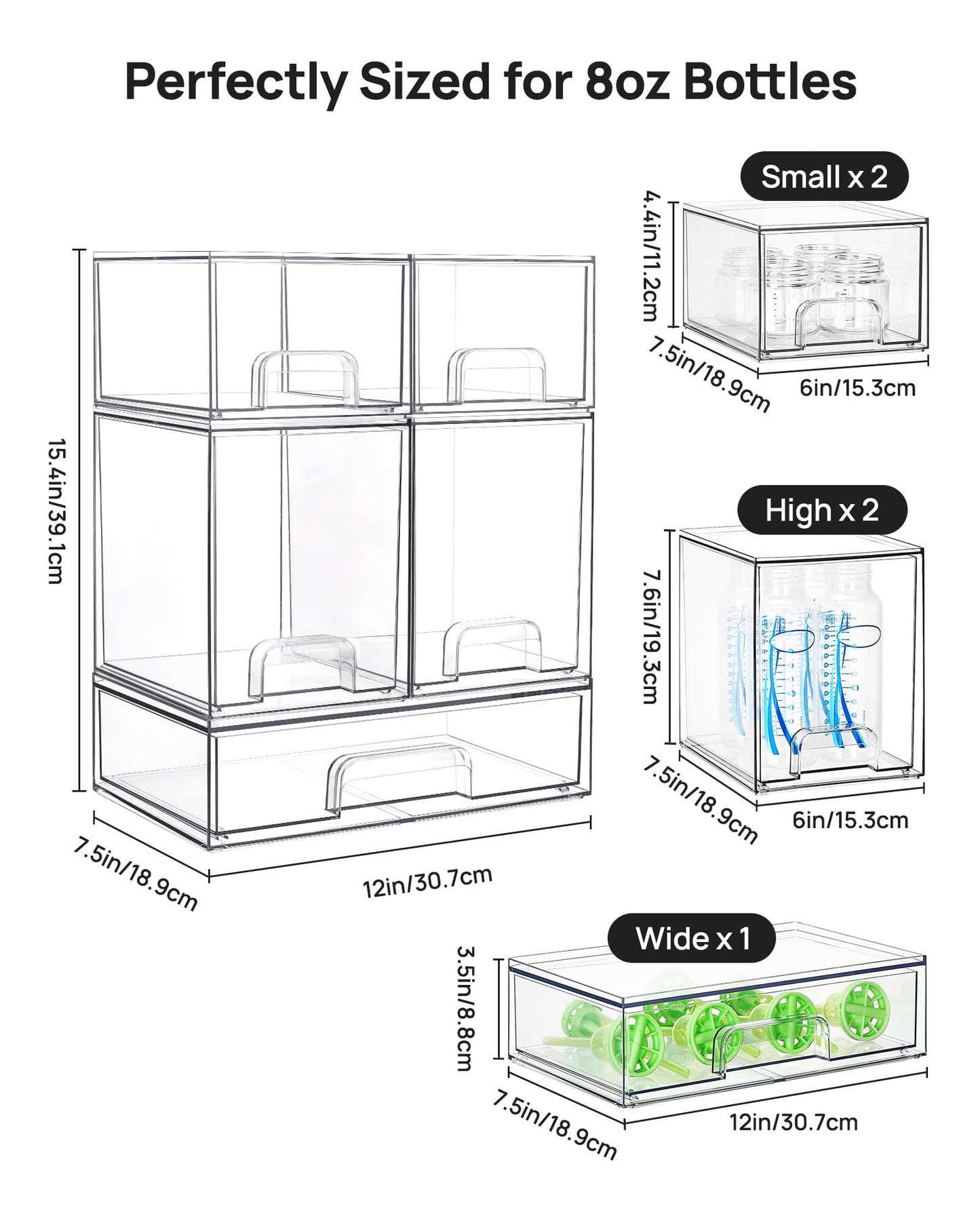 Vtopmart Stackable Storage Drawers Set of 5, 12" Wide and 4.4''&7.6'' High Clear Plastic Organizer Bins for Beauty Supplies,Ideal for Vanity, Bathroom,Cabinet,Pantry Organization 🍁 All In One Marketplace Canada