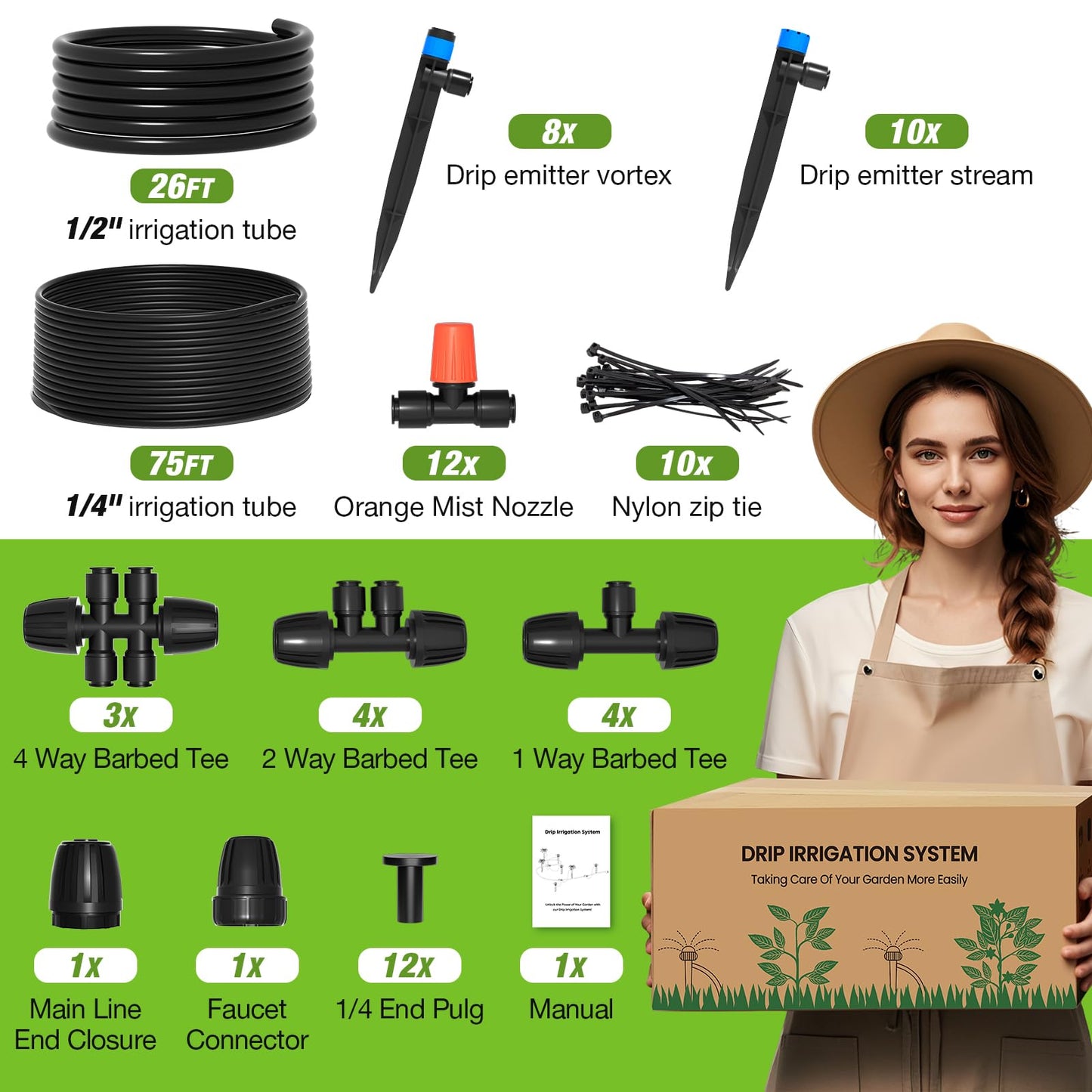 MIXC 101FT Drip Irrigation System, Easy to Setup Automatic Garden System with Anti-UV 1/4" & 1/2" Tubing - Water-Saving Adjustable Nozzles & Sprinklers for Patio, Greenhouse, Raised Bed, Potted Plants 🍁 All In One Marketplace Canada