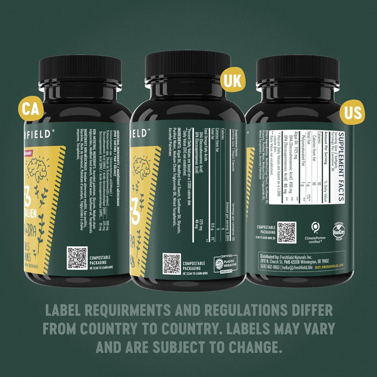 Freshfield Vegan Omega 3, Algae (Algal) Oil, Fish Oil Free Company, Third Party Tested, Carrageenan Free, DHA Supplement w/DPA, Plant Based Omega. Supports Heart, Brain, Joint Health 🍁 All In One Marketplace Canada