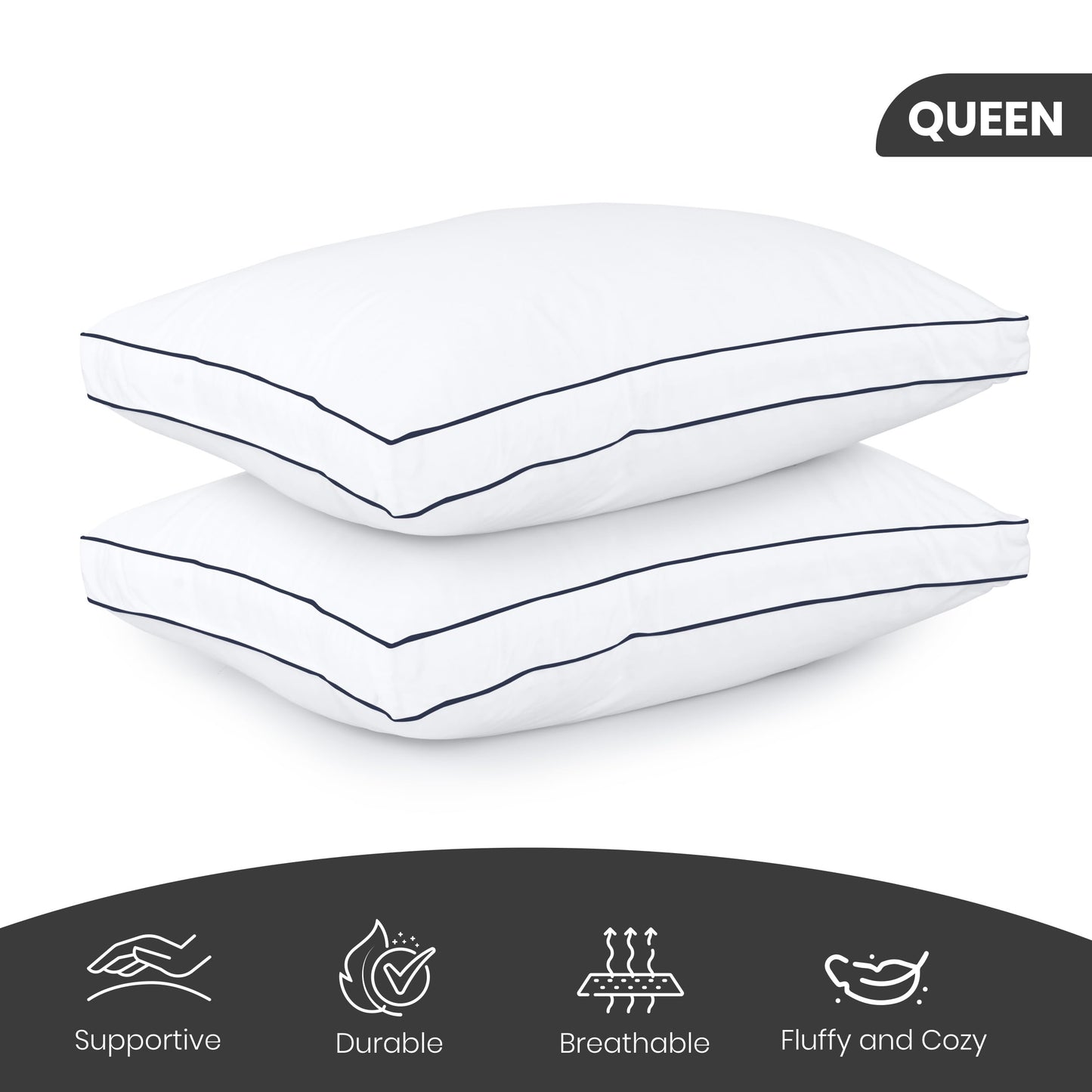 Utopia Bedding Bed Pillows for Sleeping Queen Size (Navy Hem), Set of 2, Cooling Hotel Quality, Gusseted Pillow for Back, Stomach or Side Sleepers 🍁 All In One Marketplace Canada