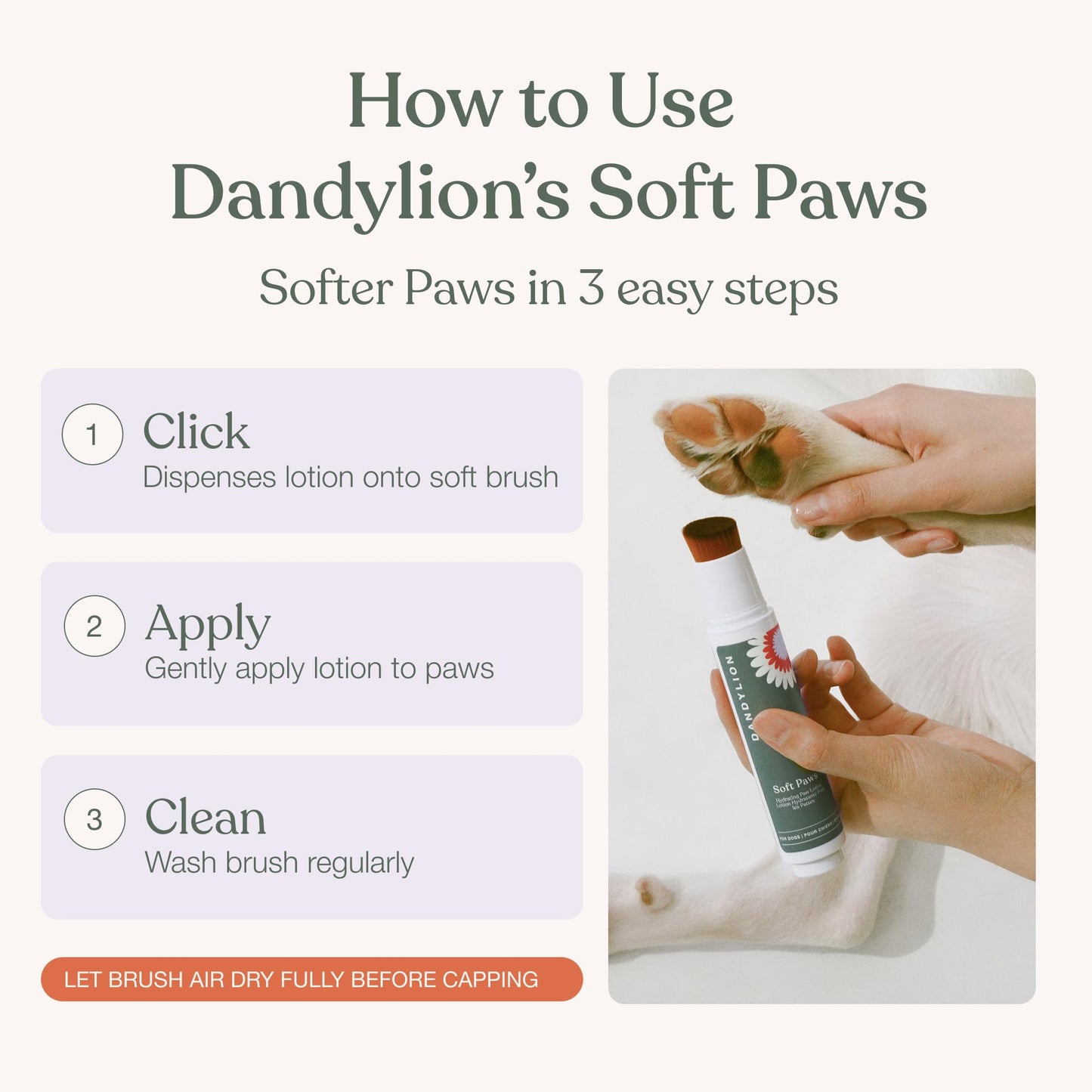 Dandylion Dog Paw Balm, Soft Paws, Paw Moisturizer for Dogs, Dog Lotion with Brush, Fragrance Free pH Balanced Lotion for Paws, Lightweight Moisture for Dry Cracked Paw Pads and Nose, 0.6 fl oz 🍁 All In One Marketplace Canada