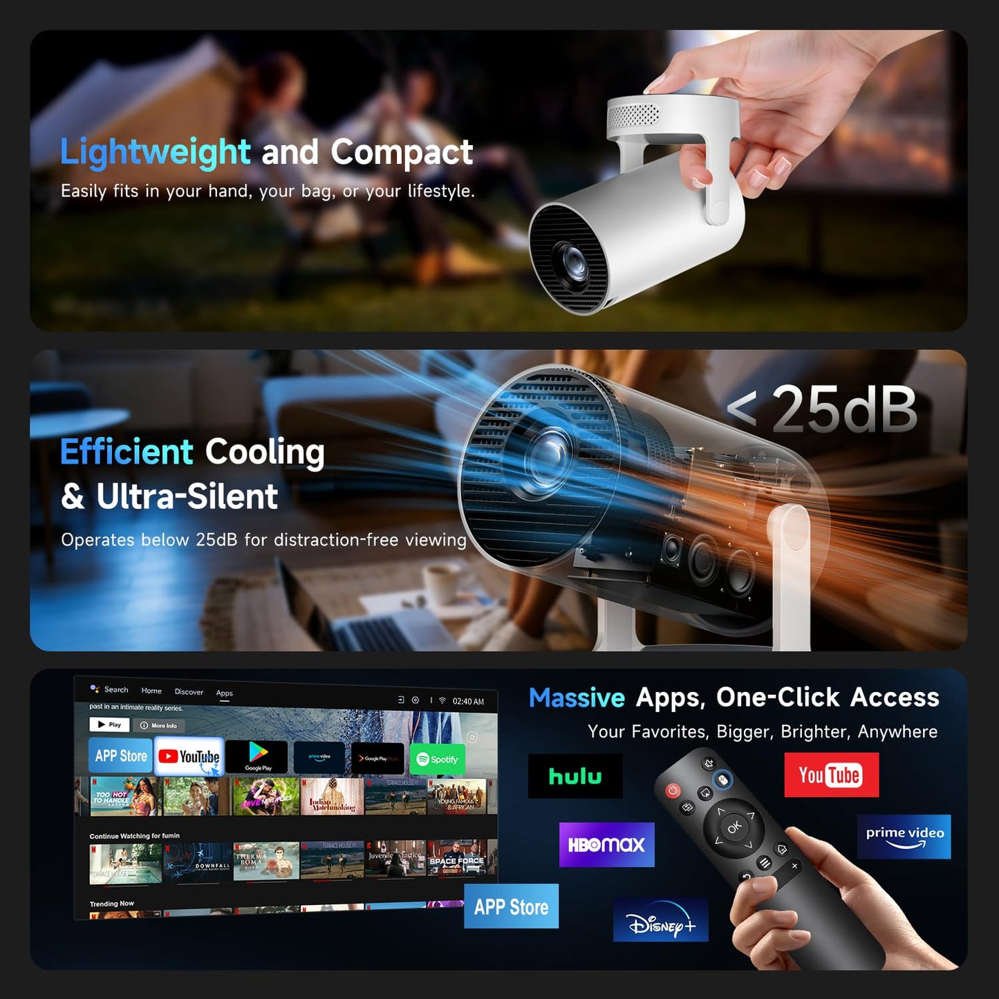 Kimwood Projector with Upgraded HiFi Speaker, [Built-in Apps] 1080P Mini Portable Projector Lower Noise Auto Keystone WiFi 6 Bluetooth 5.4 Ultra Short Throw Projectors Big Screen in Small Room 🍁 All In One Marketplace Canada