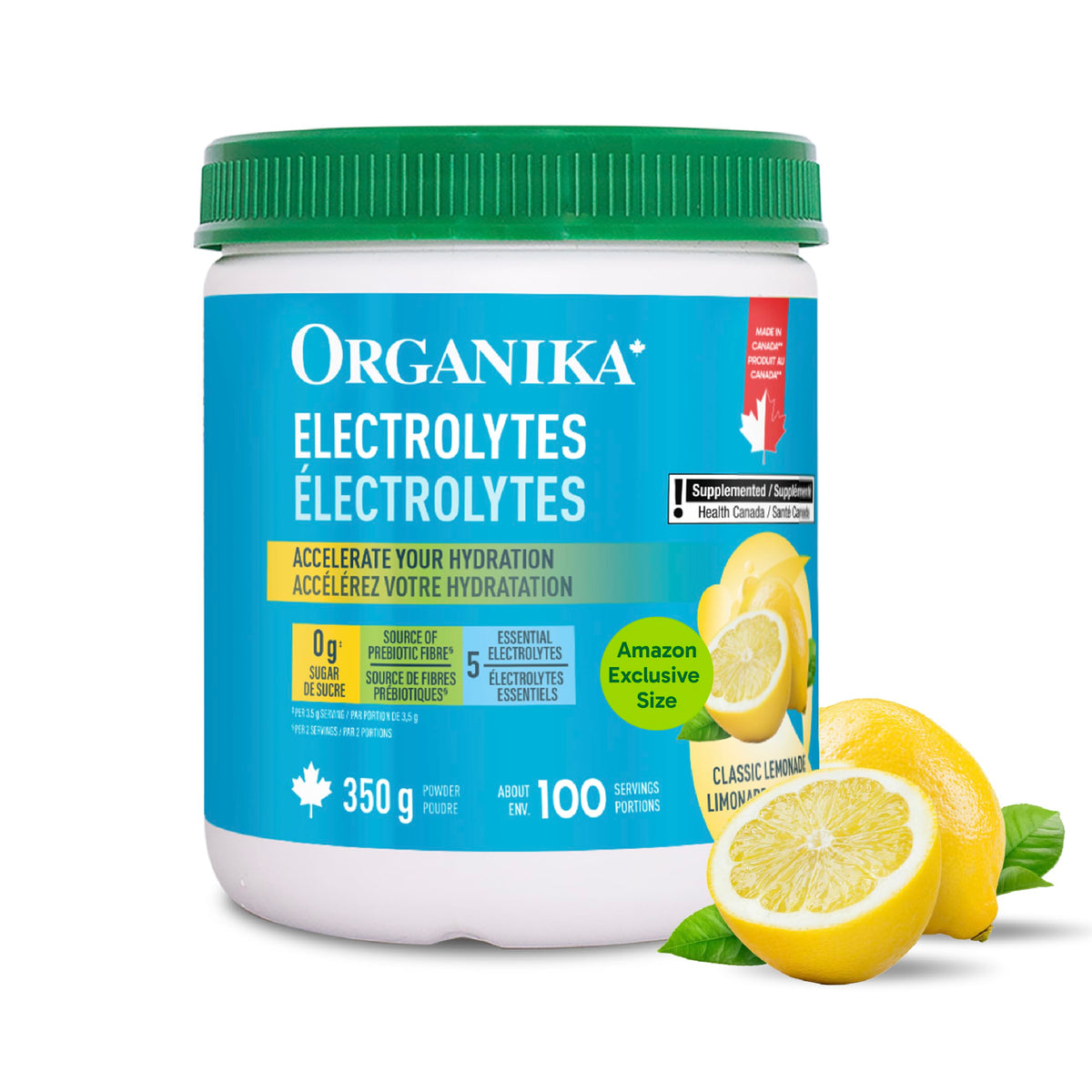 Organika Canadian-Made Electrolytes Powder with Vitamin C & Prebiotic Fibre - Sugar-Free Hydration Drink Mix - Classic Lemonade - 350 g - 100 servings 🍁 All In One Marketplace Canada