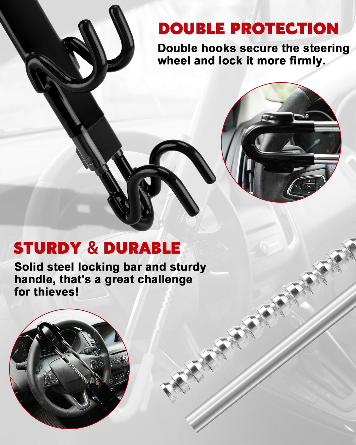 Tevlaphee Steering Wheel Lock Anti-Theft Car Device Heavy Duty Security Car Lock Antitheft Locking Devices Great Deterrent Adjustable Car Wheel Lock Anti Theft for Vehicle Truck with 3 Keys(Black) 🍁 All In One Marketplace Canada