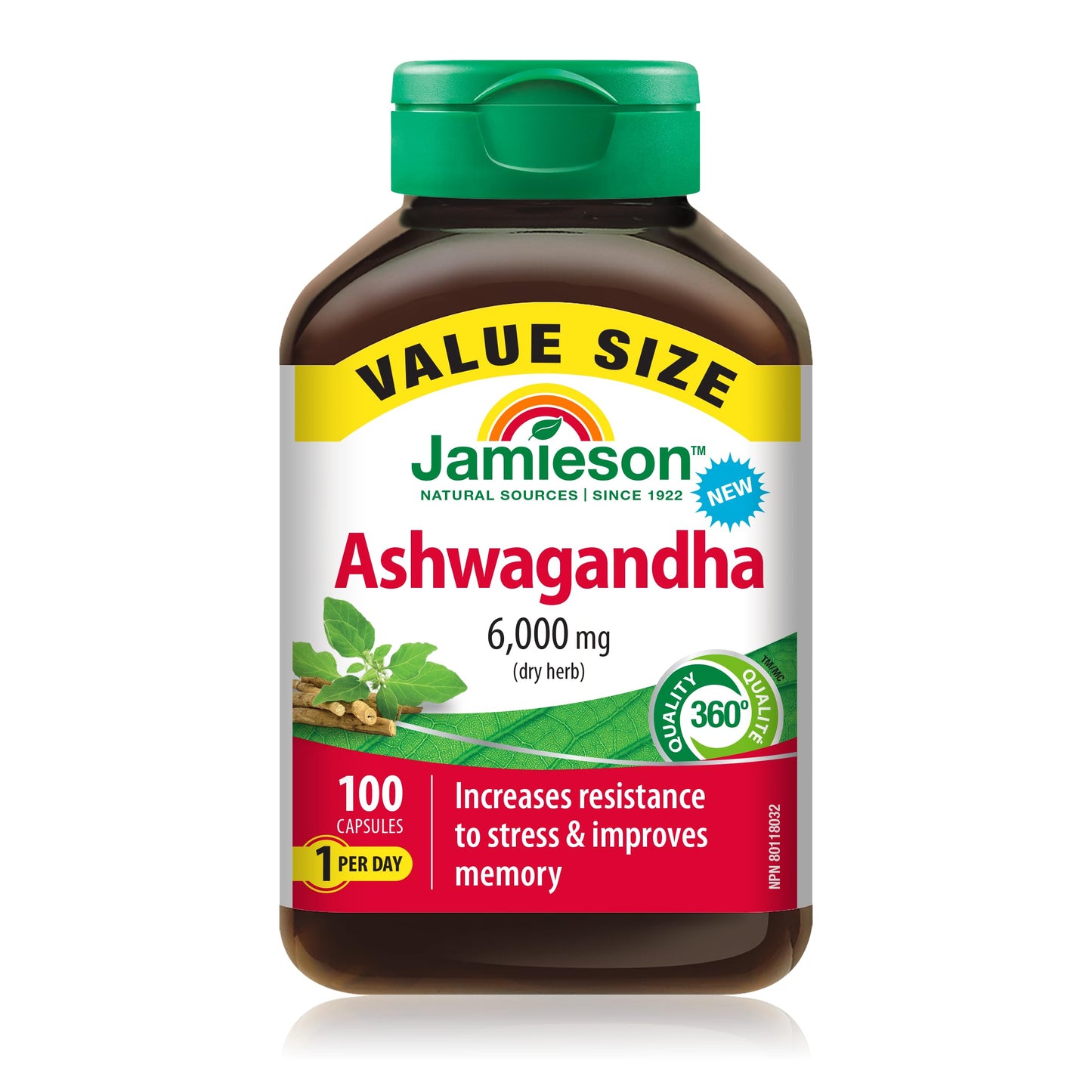 Jamieson High-Potency Ashwagandha 6,000 mg, Increases Resistance to Stress, Adaptogen, and Enhances Memory. Non-GMO, Vegetarian, Gluten-Free, Only One Per Day, Value Size, 100 Capsules 🍁 All In One Marketplace Canada
