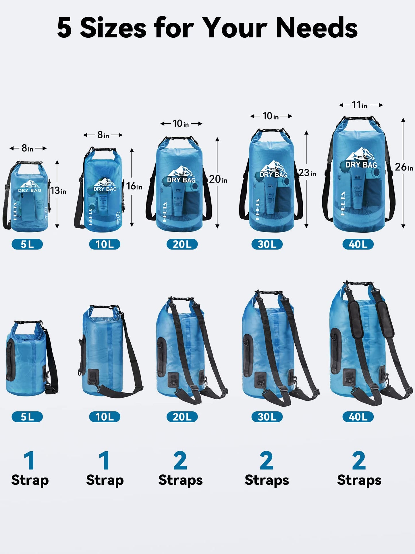 HEETA Dry Bag Waterproof for Women Men, Roll Top Lightweight Dry Storage Bag Backpack with Phone Case for Travel Swimming Boating Kayaking Paddle Board Camping Beach Accessories (Transparent Blue, 5L) 🍁 All In One Marketplace Canada
