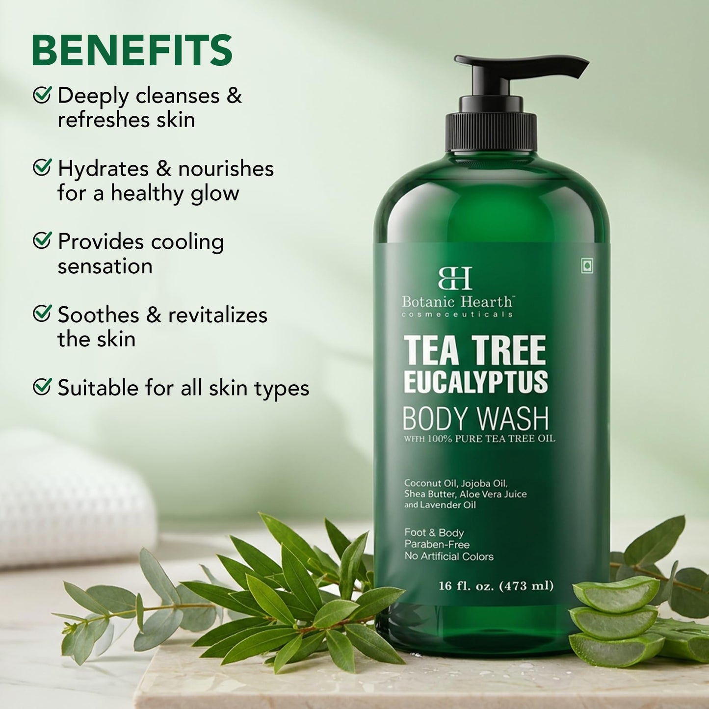 Botanic Hearth Eucalyptus Tea Tree Body Wash | Shower Gel - 16 fl oz | for Men and Women | Antifungal, Moisturizing & Soothing Formula with Natural Oils 🍁 All In One Marketplace Canada