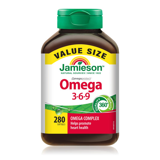 Jamieson Omega 3-6-9 Softgels, Value Size, with Fish Oil, Borage Oil, Flaxseed Oil, Providing EPA, DHA, and ALA. Supports Heart and Brain Health, 280 Count, Proudly Canadian 🍁 All In One Marketplace Canada