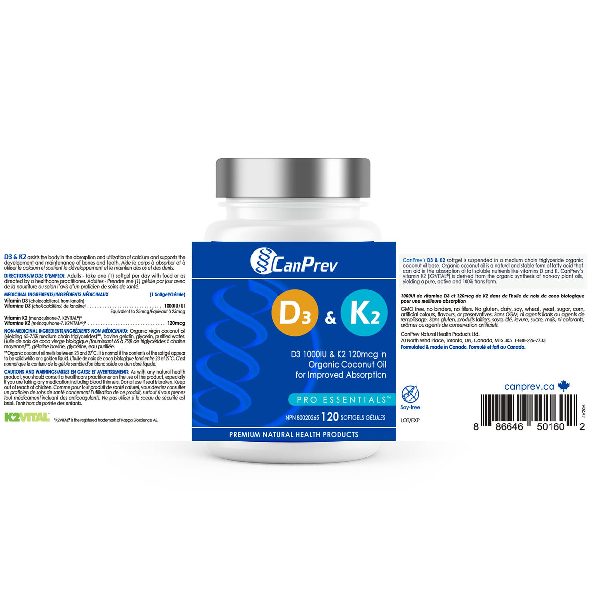 CanPrev D3 & K2 Vitamins 120 Softgels, 120-Day Supply, 1000IU Vitamin D3 & 120mcg K2, Supports Strong Bones, Teeth & Heart Wellness, Easy-to-Absorb with Organic Coconut Oil, No GMO, Gluten, Soy, Dairy 🍁 All In One Marketplace Canada