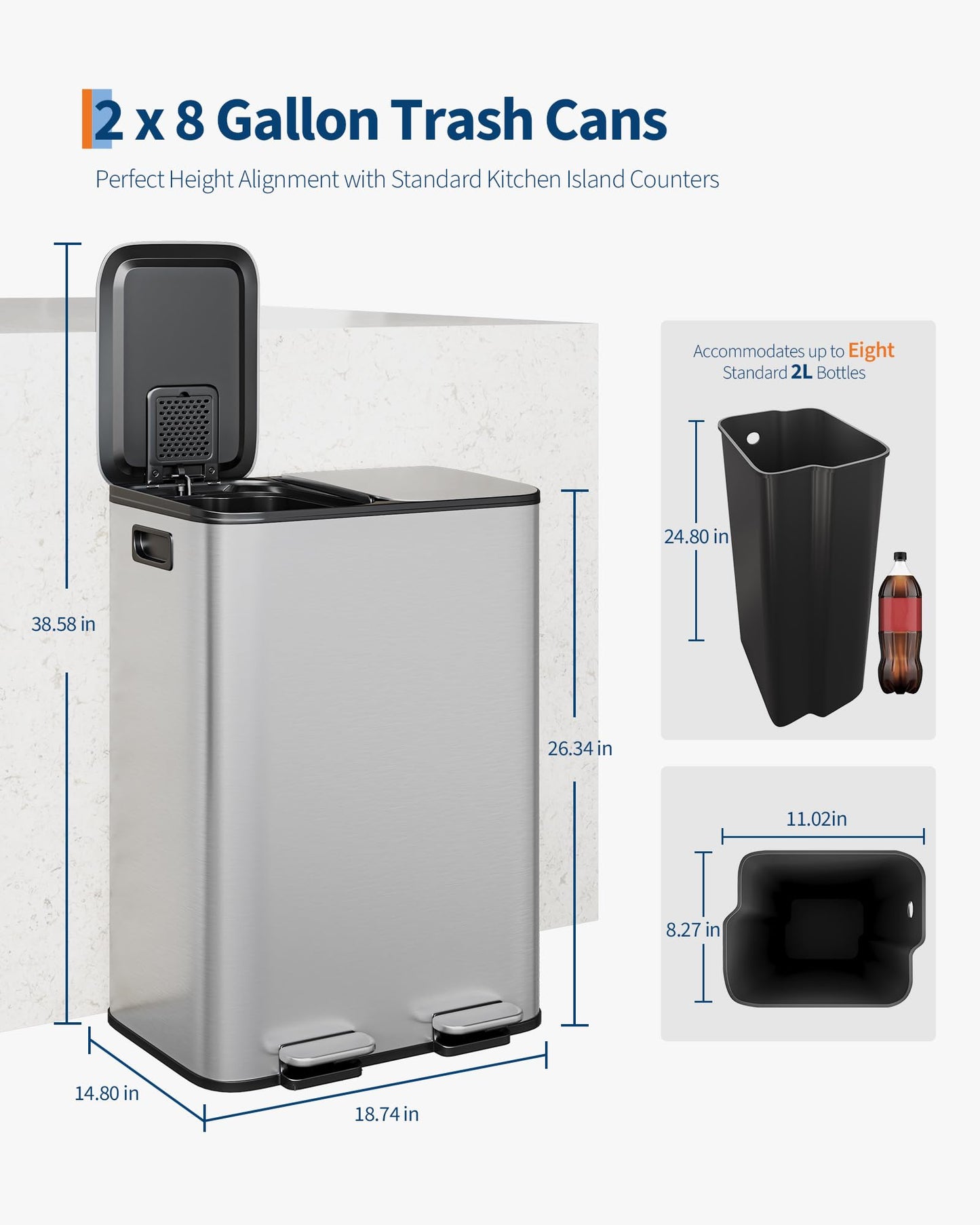 GarveeHome 2x8 Gallon Stainless Steel Dual Trash Can with Lid, Large Kitchen Step-on Garbage and Recycle Bin Combo, Metal Double Trash Can with PP Inner Buckets & Liner Rim for Kitchen Waste Sorting 🍁 All In One Marketplace Canada