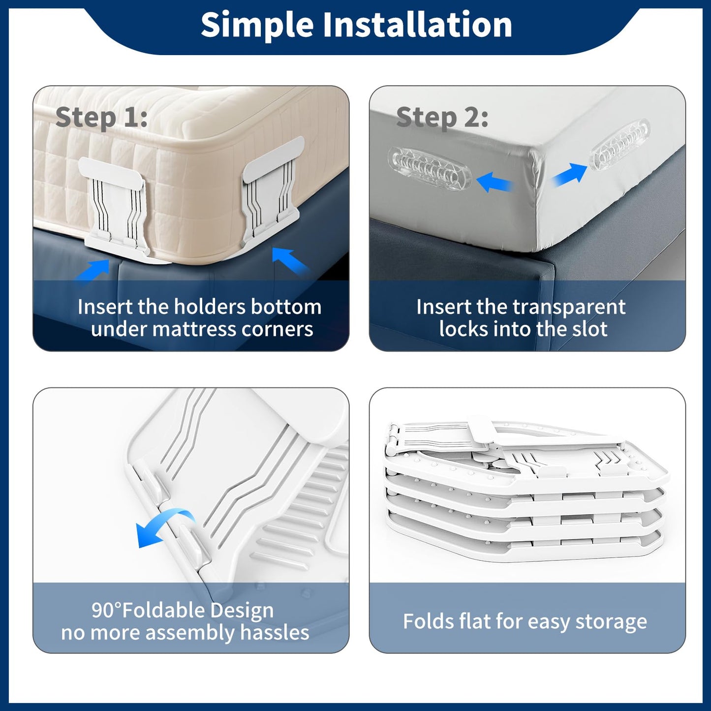AMOVO Bed Sheet Holders for Corners Keep Sheets in Place Firmly - Foldable Fitted Sheet Holders Heavy Duty Sheet Locks Mattress Sheet Fasteners, Set of 4 Lock Sheet Clips (White) 🍁 All In One Marketplace Canada